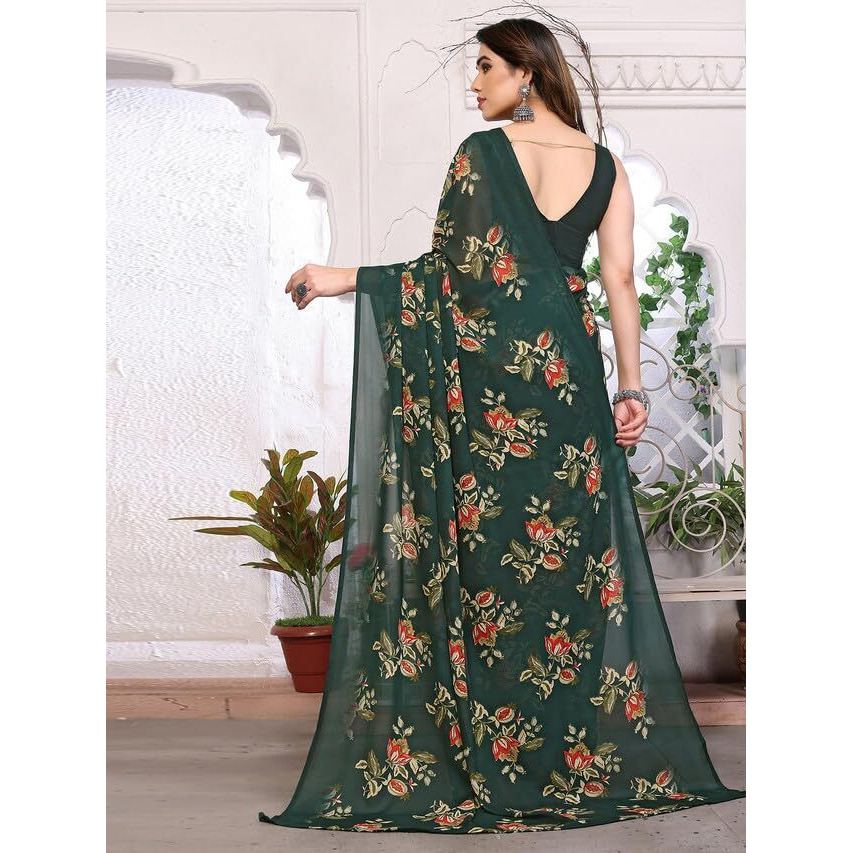 SAMAH Womens Georgette Floral Printed Saree with Unstitched Blouse Piece (3289S113N_Green)