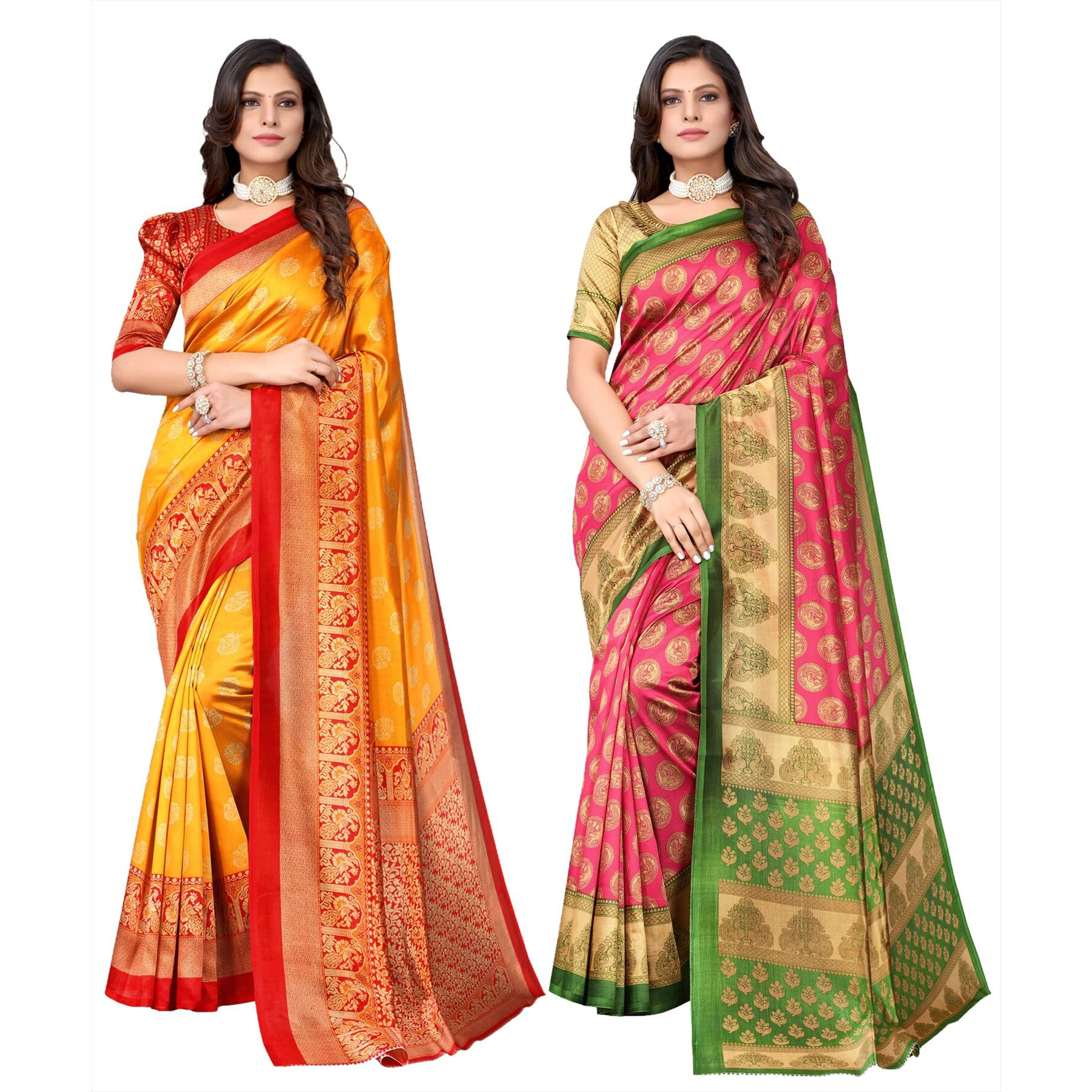 Yashika Womens Combo Art Silk Printed Saree With Blouse Piece Pack Of 2(MINALI MUSTARD-ALIFA PINK)