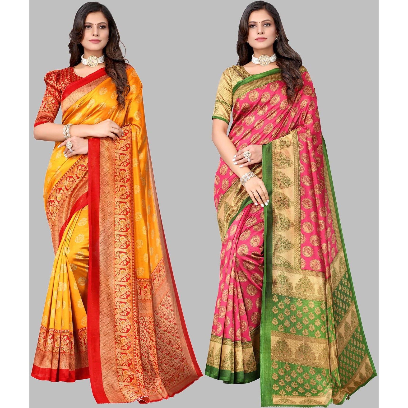 Yashika Womens Combo Art Silk Printed Saree With Blouse Piece Pack Of 2(MINALI MUSTARD-ALIFA PINK)