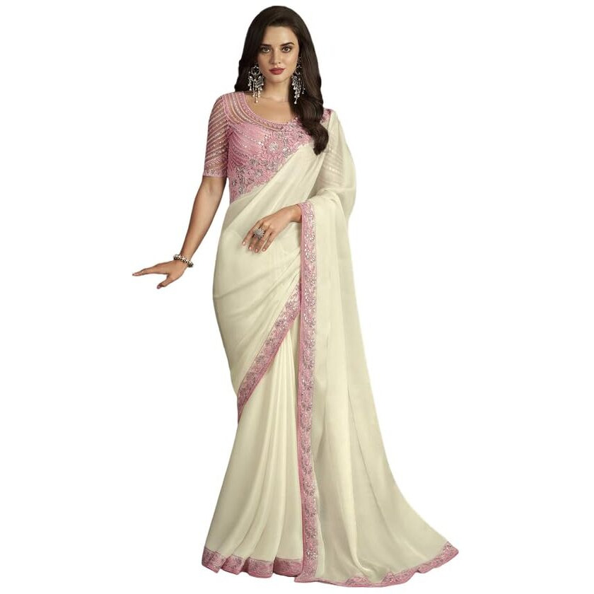 Satrani Womens Pure Chiffon Saree (3568S128N_Off White)