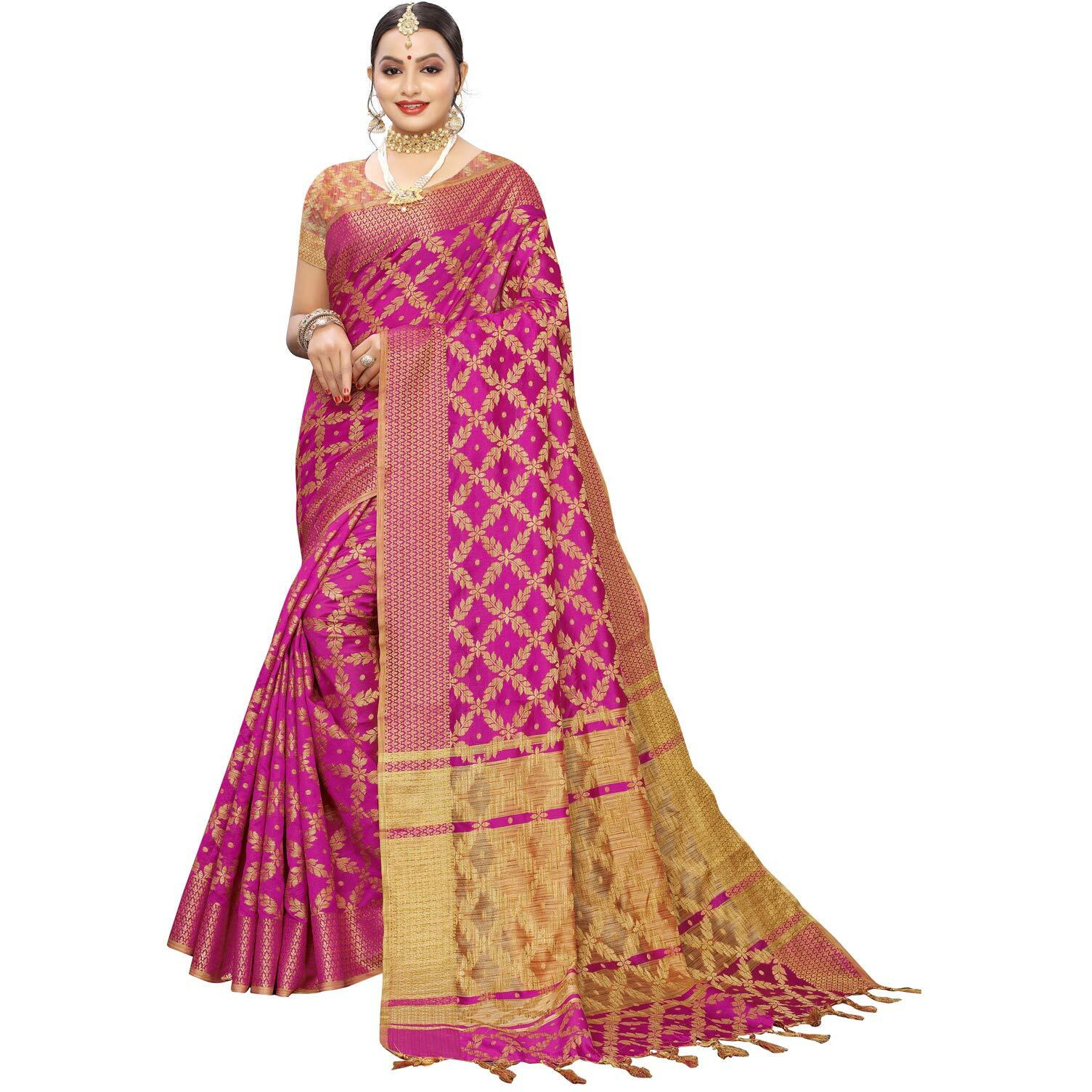SIRIL Womens Silk Blend Woven Design Kanjeevaram Saree with Blouse (1415S151 Pink Banarasi)