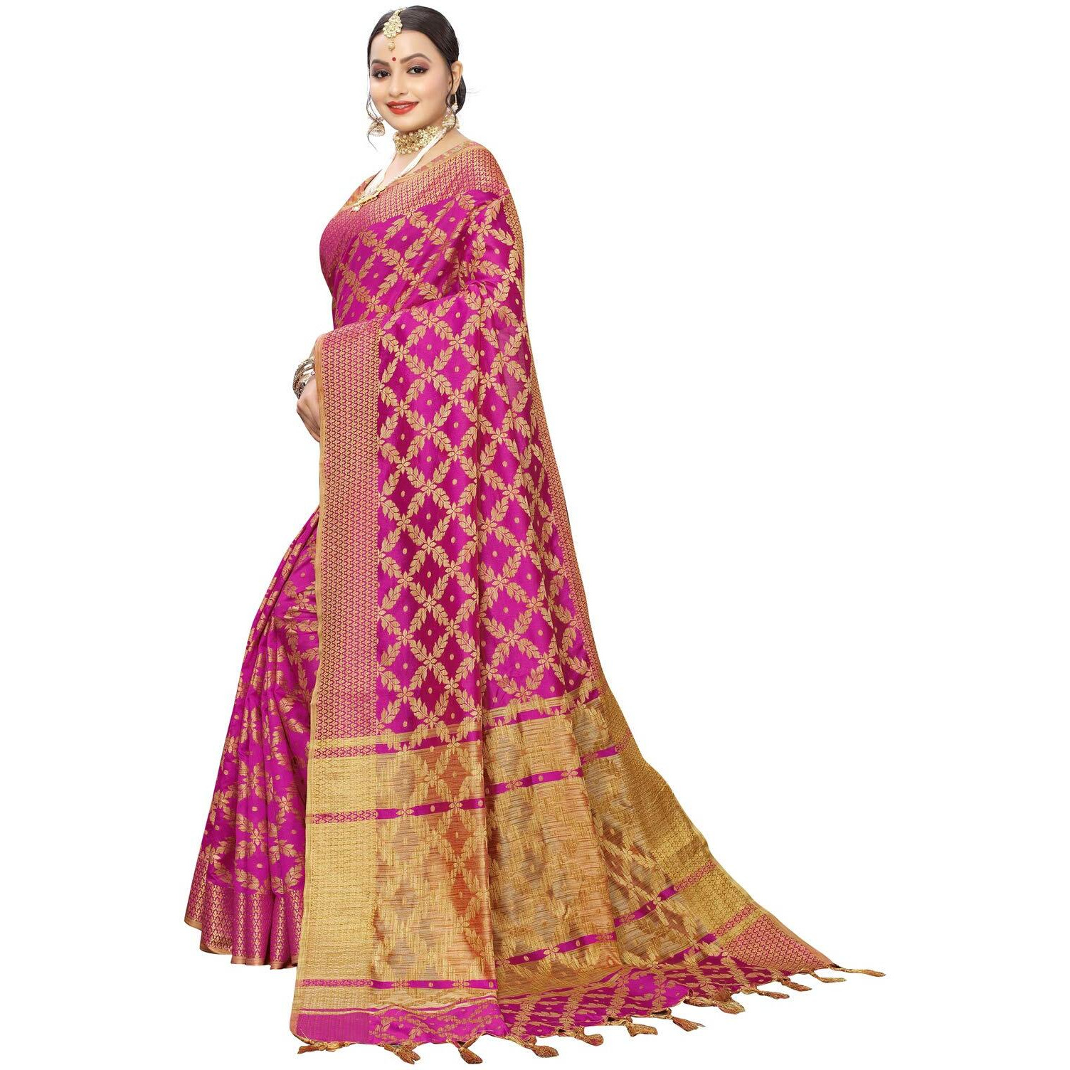 SIRIL Womens Silk Blend Woven Design Kanjeevaram Saree with Blouse (1415S151 Pink Banarasi)