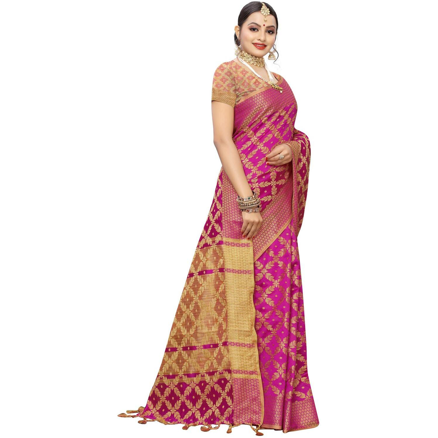 SIRIL Womens Silk Blend Woven Design Kanjeevaram Saree with Blouse (1415S151 Pink Banarasi)
