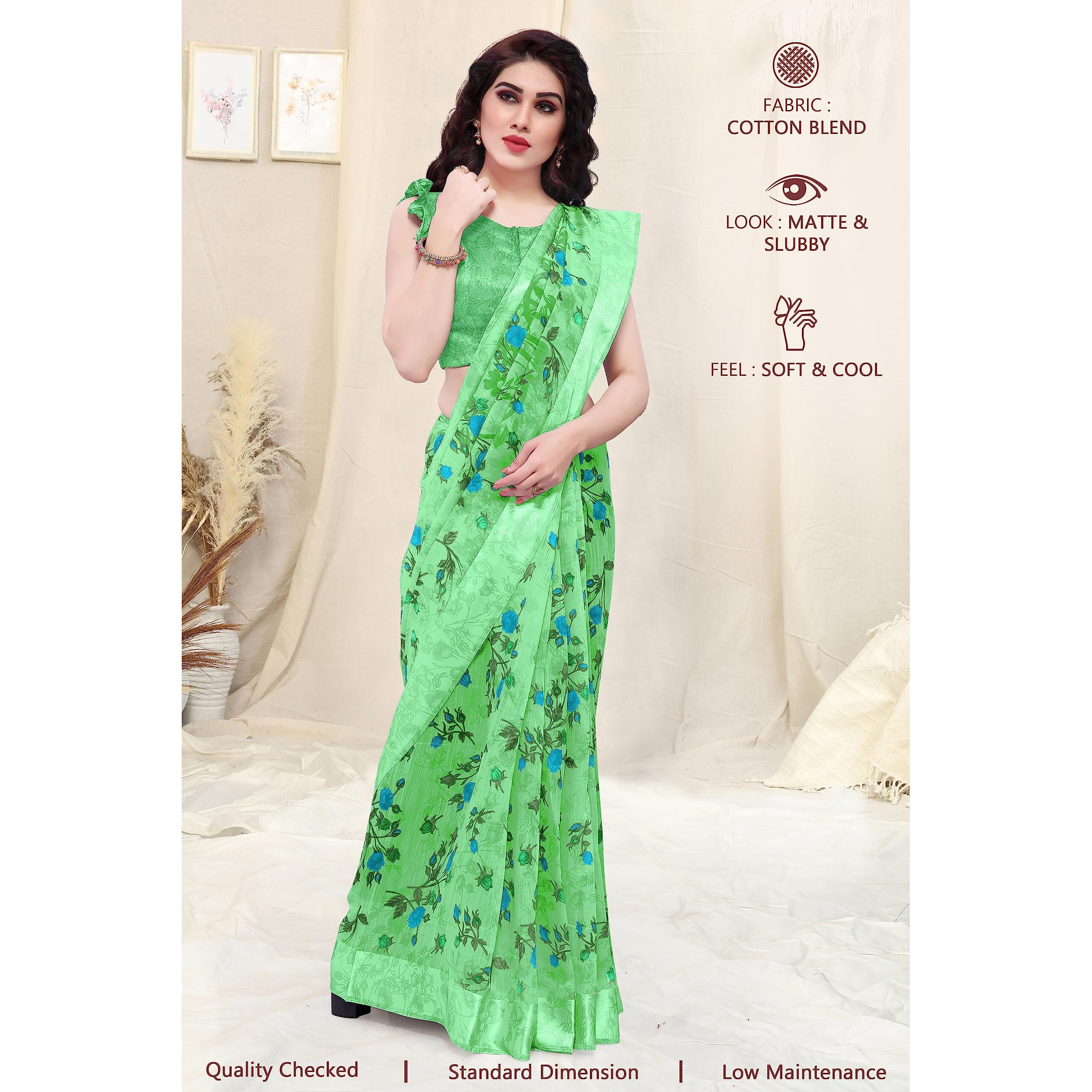 MIRCHI FASHION Womens Plain Weave Cotton Blend Floral Printed Saree with Blouse Piece (33185-Light Green)