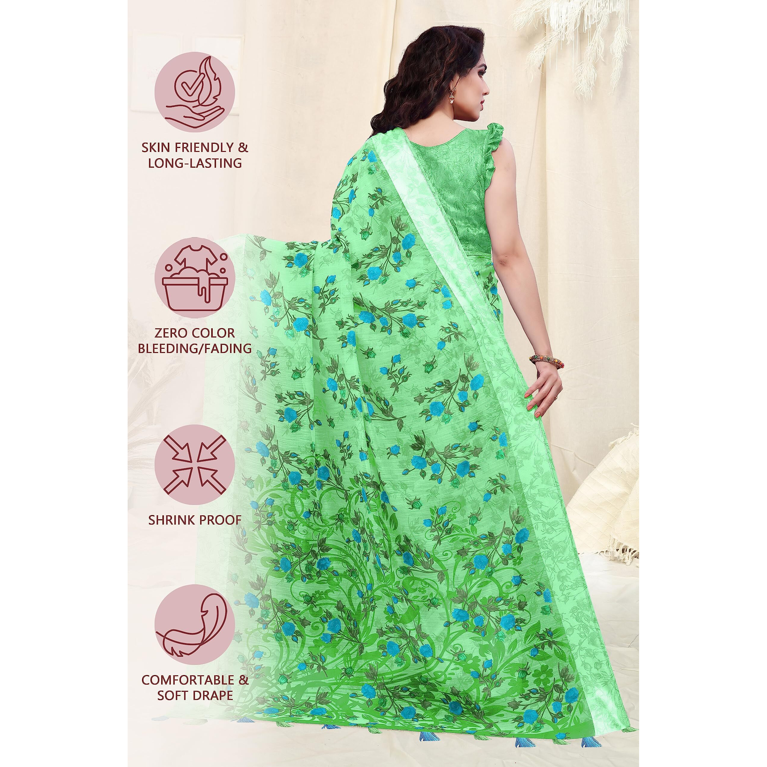 MIRCHI FASHION Womens Plain Weave Cotton Blend Floral Printed Saree with Blouse Piece (33185-Light Green)