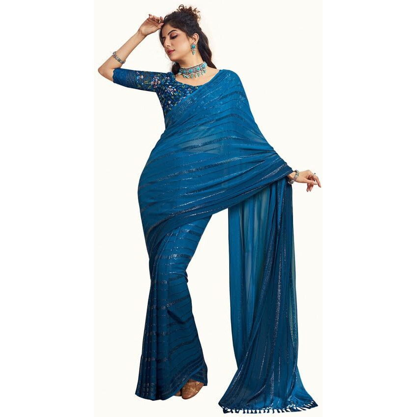 Satrani Womens Pure Georgette Saree (3473S694N_Teal Blue)