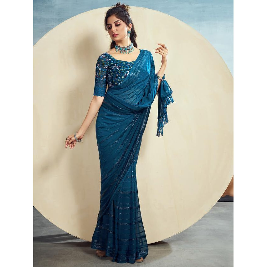 Satrani Womens Pure Georgette Saree (3473S694N_Teal Blue)