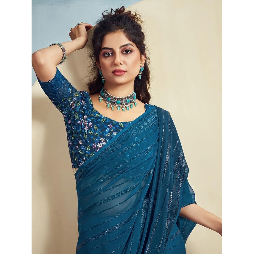 Satrani Womens Pure Georgette Saree (3473S694N_Teal Blue)