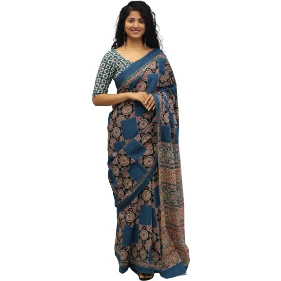 JALTHER Handicrafts Womens Ikat Hand Block Print Jaipuri Cotton Mulmul Saree with Blouse Piece -Multi_Sup593