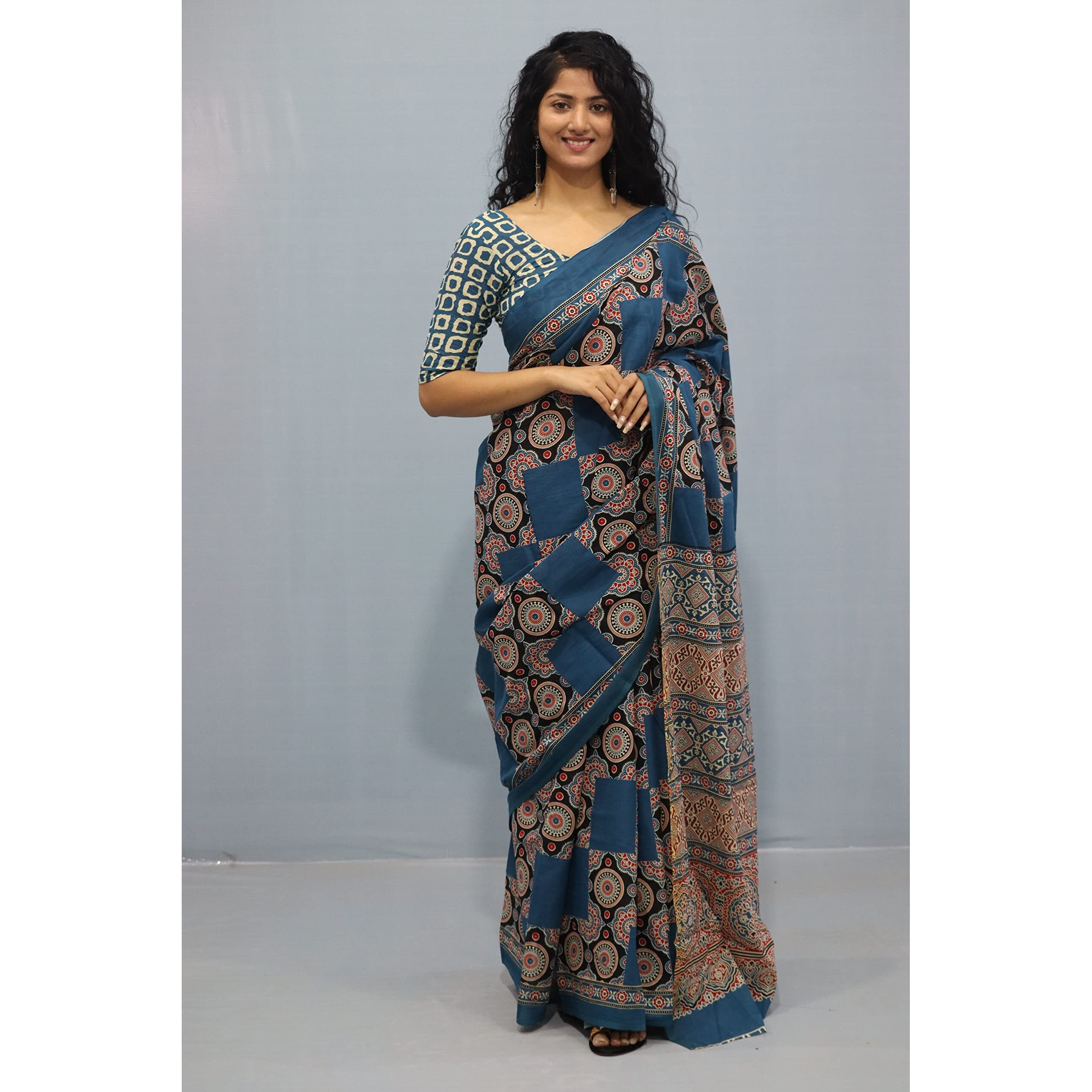 JALTHER Handicrafts Womens Ikat Hand Block Print Jaipuri Cotton Mulmul Saree with Blouse Piece -Multi_Sup593