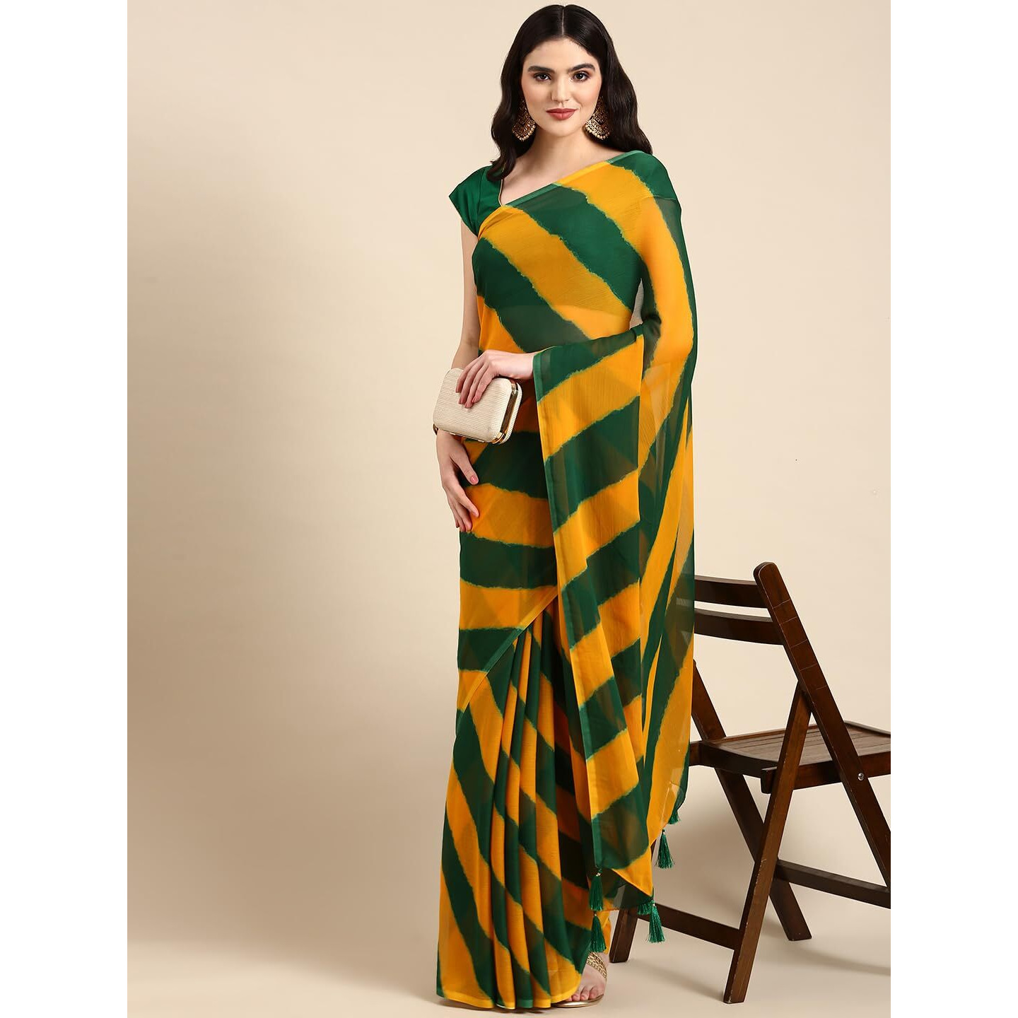 RANI SAAHIBA Womens Chiffon Lehriya Printed Saree Without Blouse (SSKR9100_Mustard - Green)