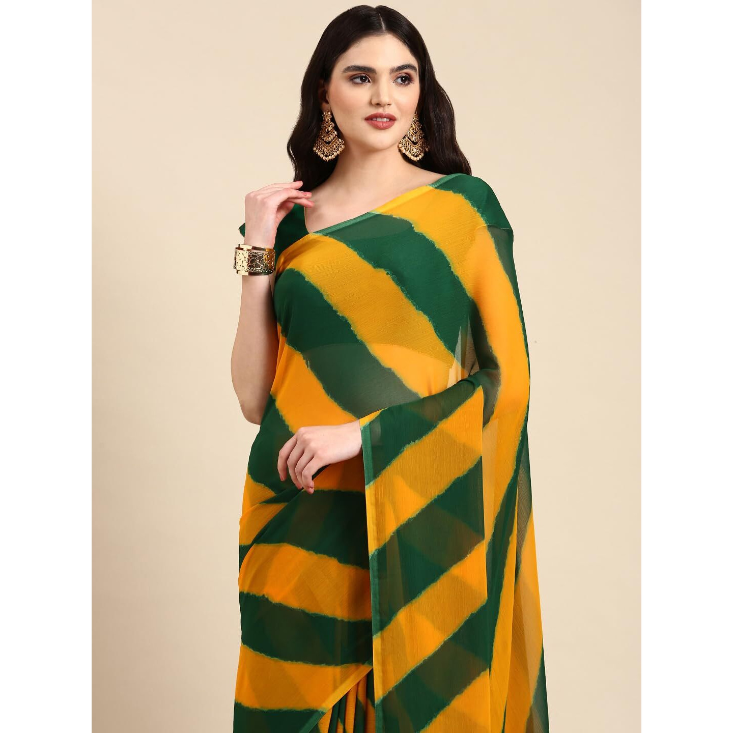 RANI SAAHIBA Womens Chiffon Lehriya Printed Saree Without Blouse (SSKR9100_Mustard - Green)