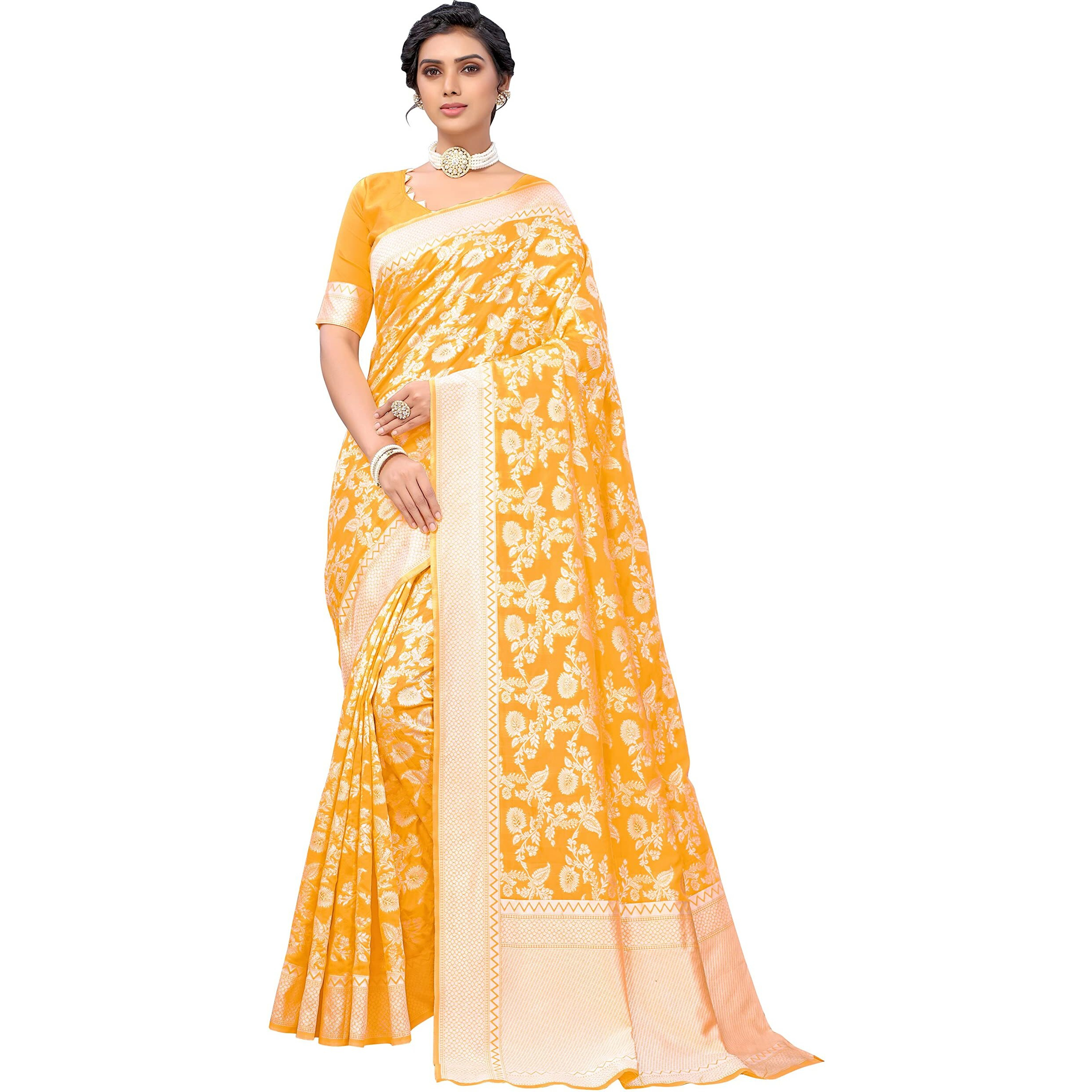 Glory Sarees Womens Banarasi Artificial Silk Saree With Blouse Piece (Kara124_Yellow)