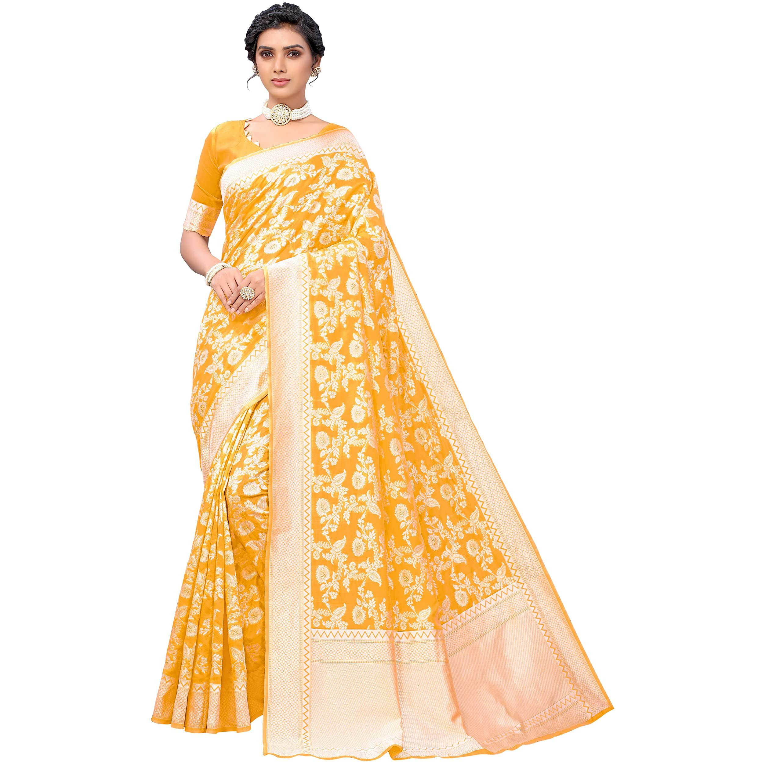 Glory Sarees Womens Banarasi Artificial Silk Saree With Blouse Piece (Kara124_Yellow)