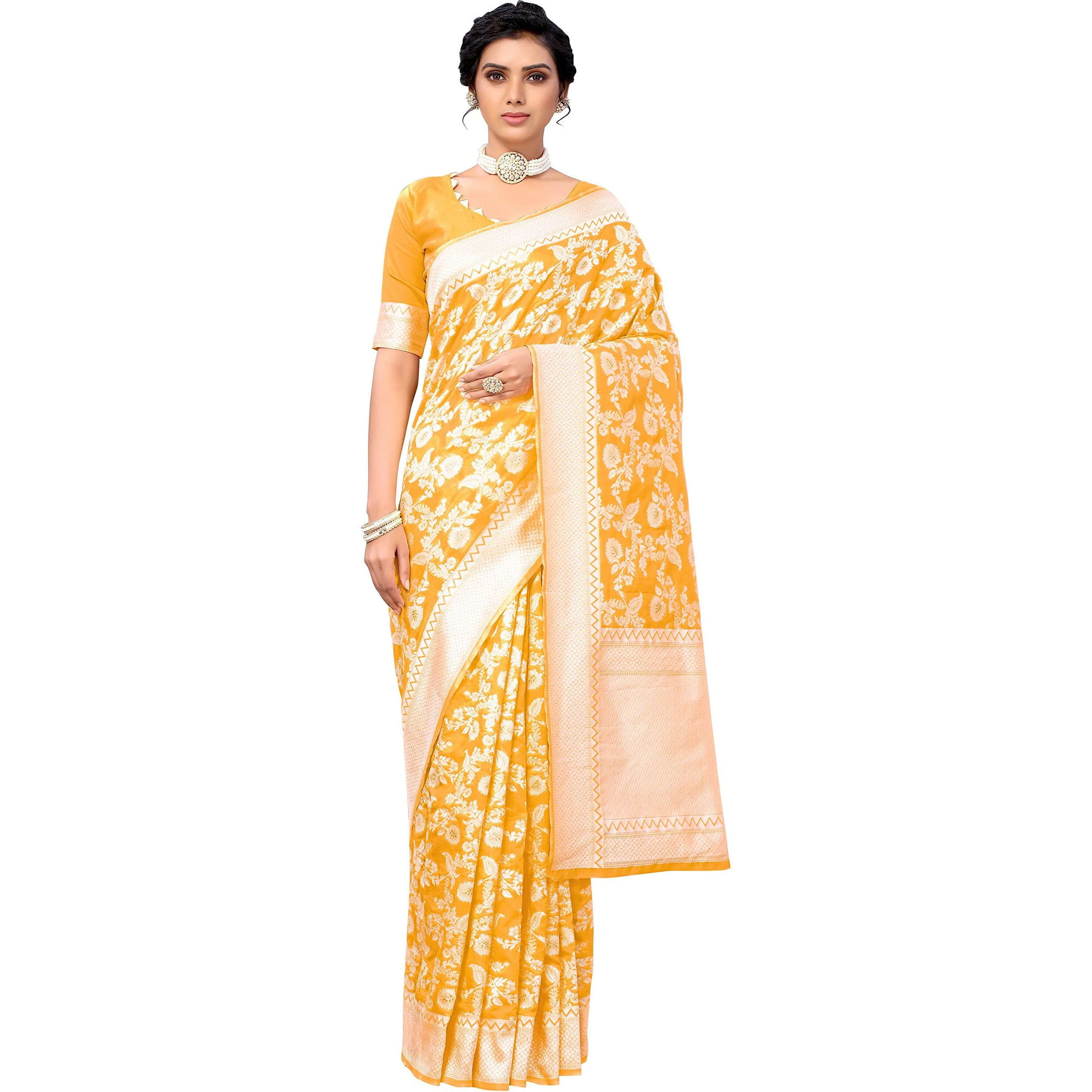 Glory Sarees Womens Banarasi Artificial Silk Saree With Blouse Piece (Kara124_Yellow)