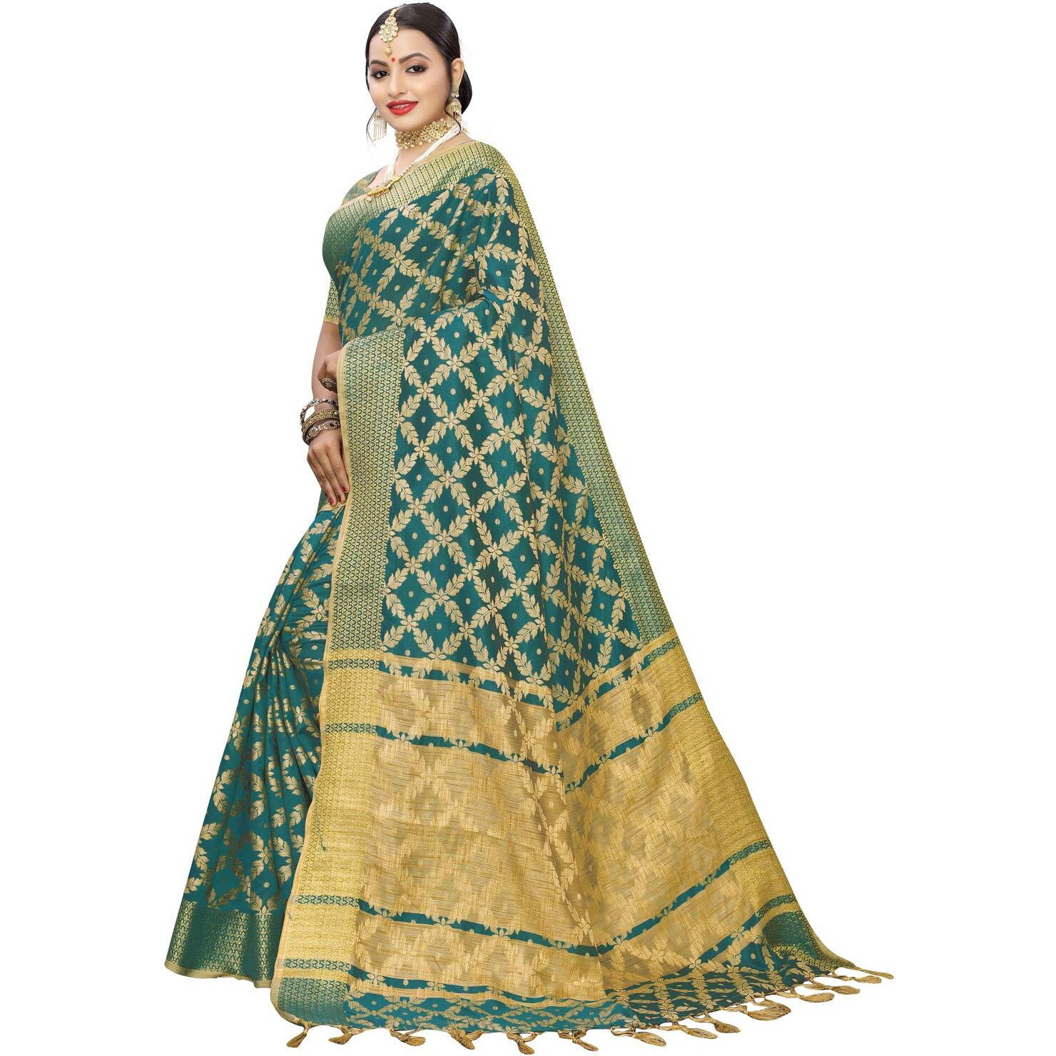SIRIL Womens Silk Blend Woven Design Kanjeevaram Saree with Blouse (1415S147 Green Banarasi)