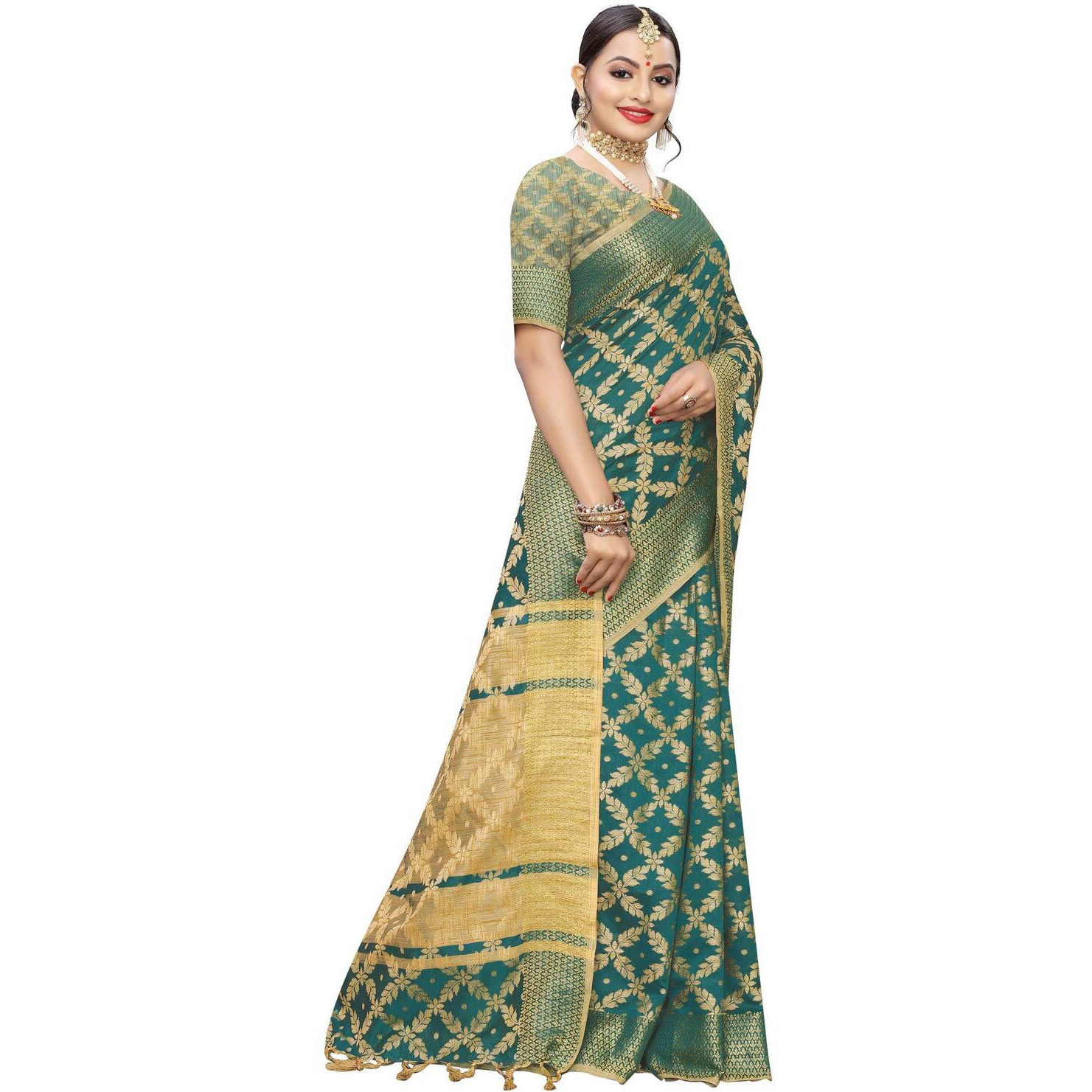 SIRIL Womens Silk Blend Woven Design Kanjeevaram Saree with Blouse (1415S147 Green Banarasi)