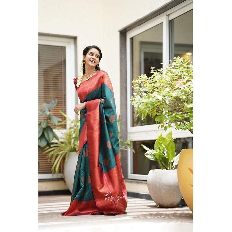 Flosive Womens Present Banarasi Soft Lichi Silk Saree Beautiful Jacquard Rich Pallu Design Work Zari Woven Kanjivaram Silk Style Saree With Soft Lichi Silk Blouse Piece Ayn Ritch (Green)