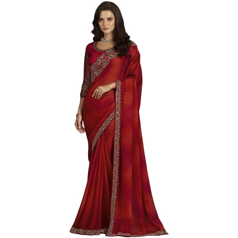 Satrani Womens Pure Chiffon Saree (3568S121N_Red & Dark Pink1)
