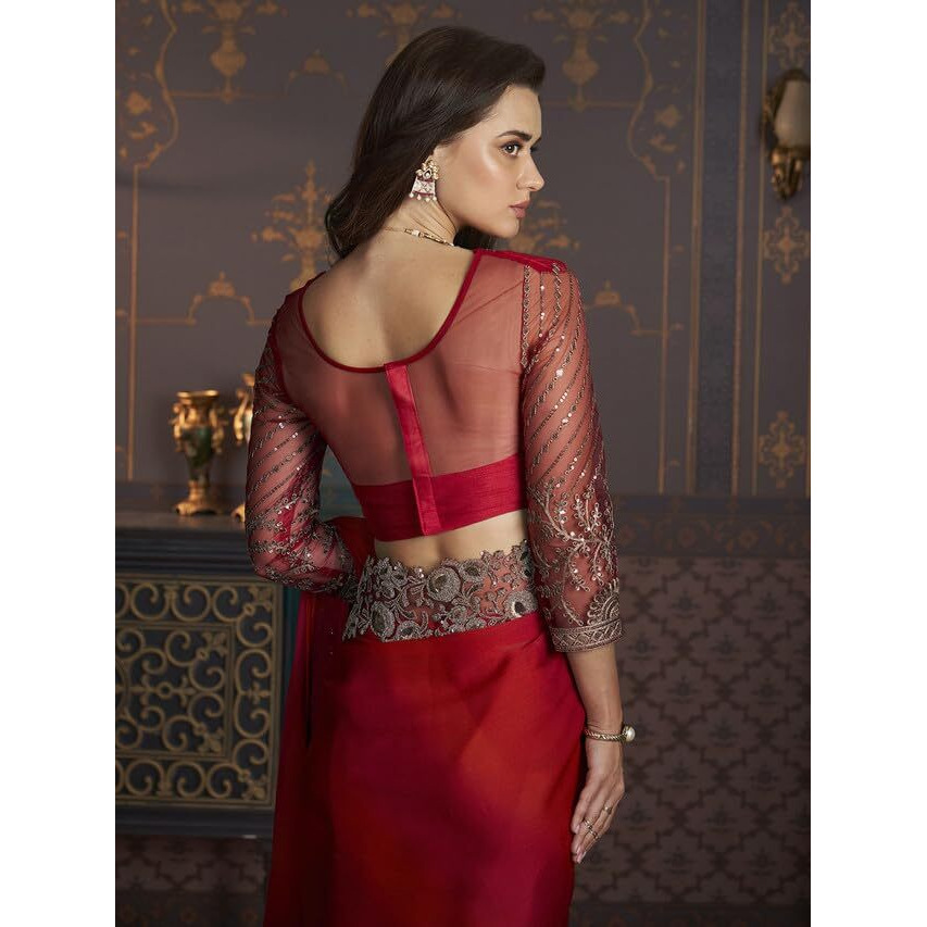 Satrani Womens Pure Chiffon Saree (3568S121N_Red & Dark Pink1)