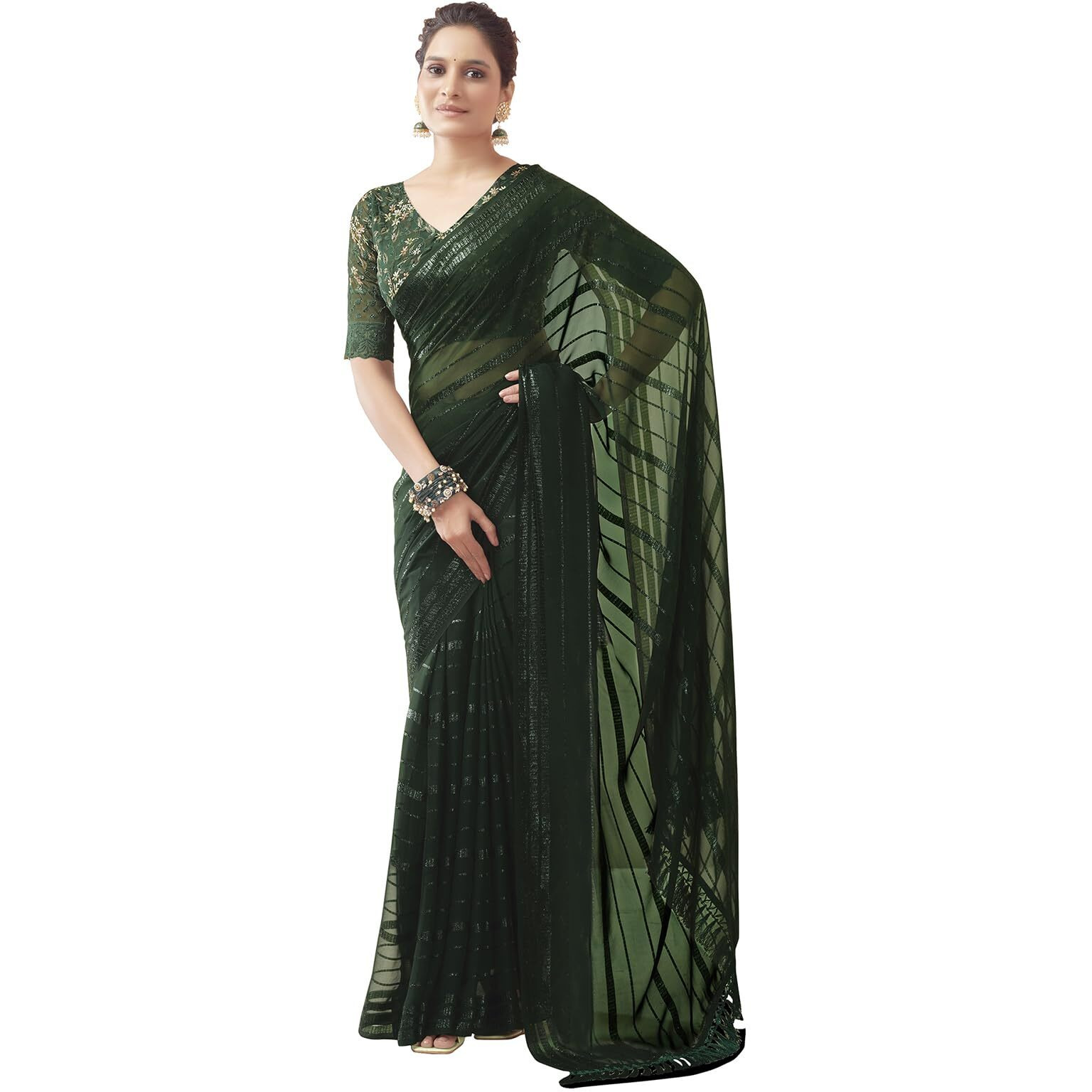 Satrani Womens Pure Georgette Saree (3473S695N_Dark Green)