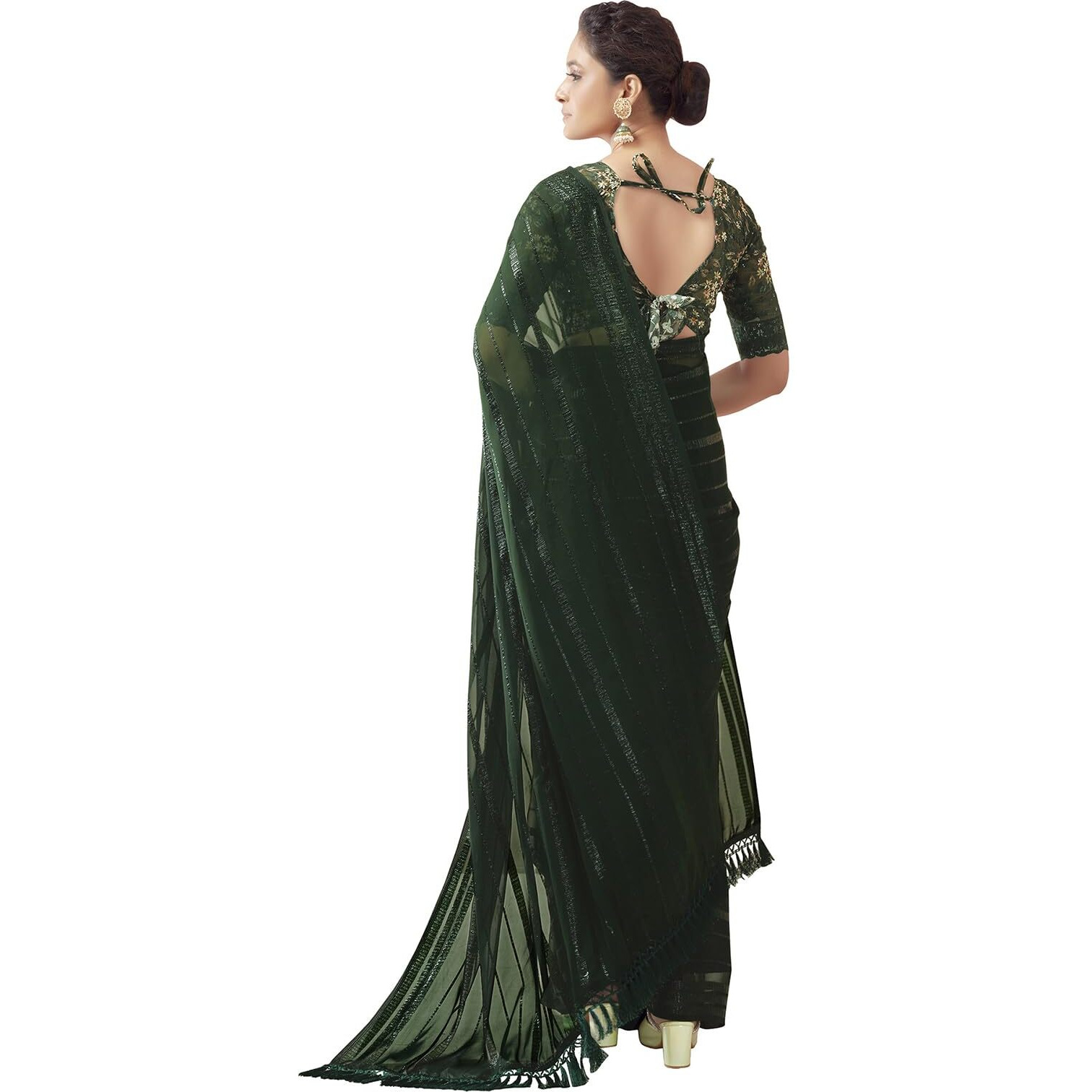 Satrani Womens Pure Georgette Saree (3473S695N_Dark Green)