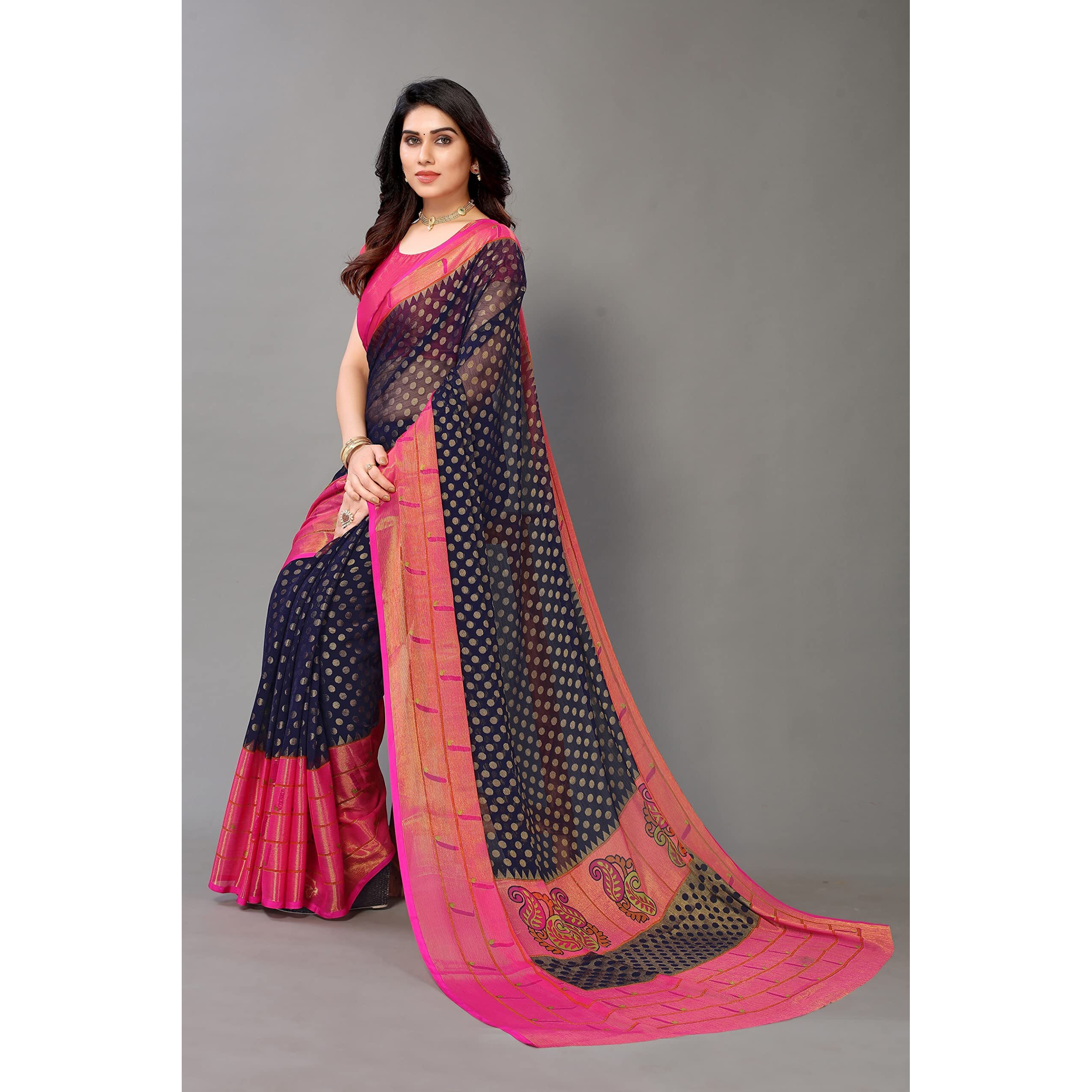 Winza Designer PS Brasso Padma Navy_W Plain Chiffon sarees for women