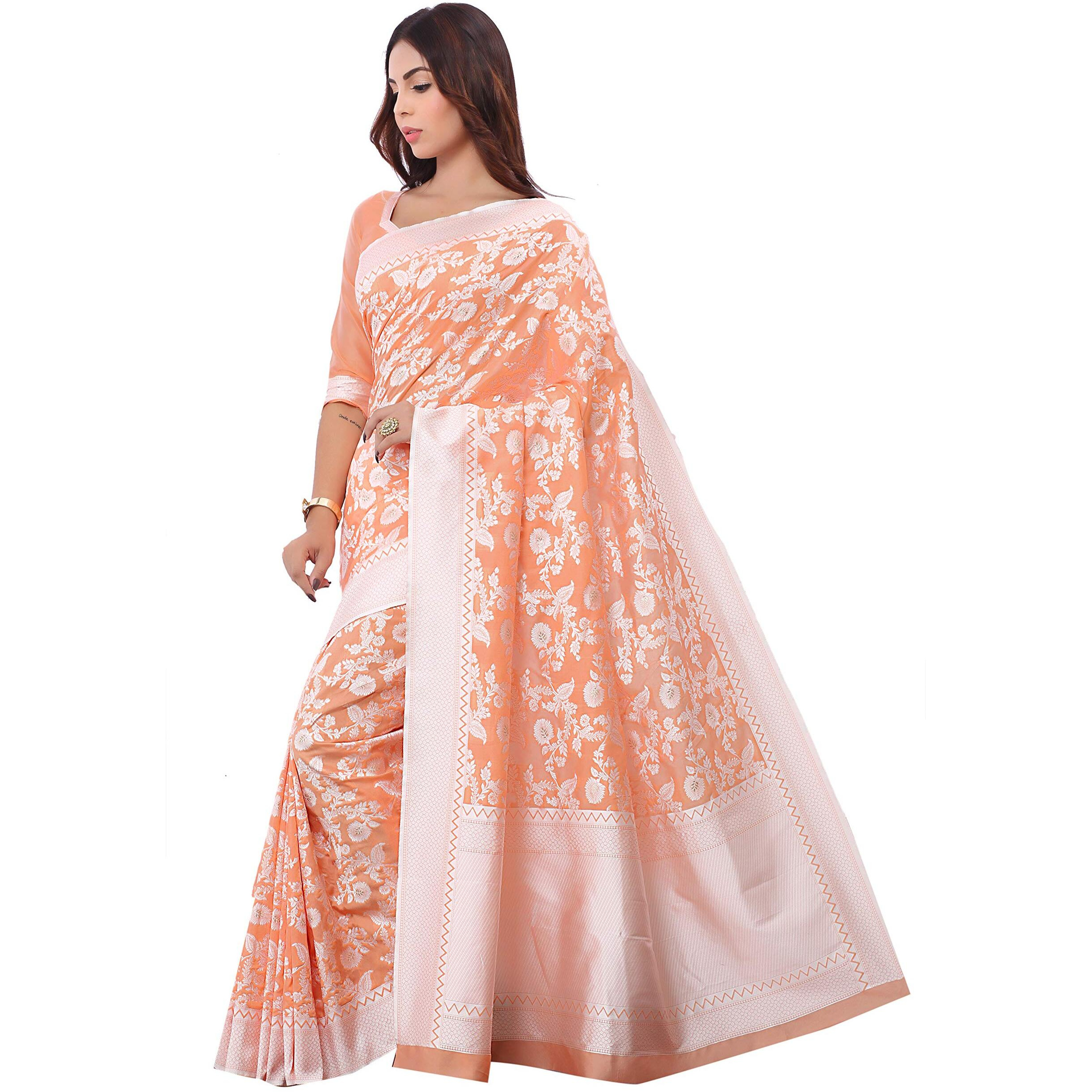 Glory Sarees Womens Banarasi Artificial Silk Saree With Blouse Piece (kara124-peach_Peach)