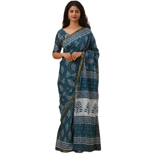 JALTHER Handicrafts Womens Ikat Hand Block Print Jaipuri Cotton Mulmul Saree Zari Border with Blouse Piece_Blue_17
