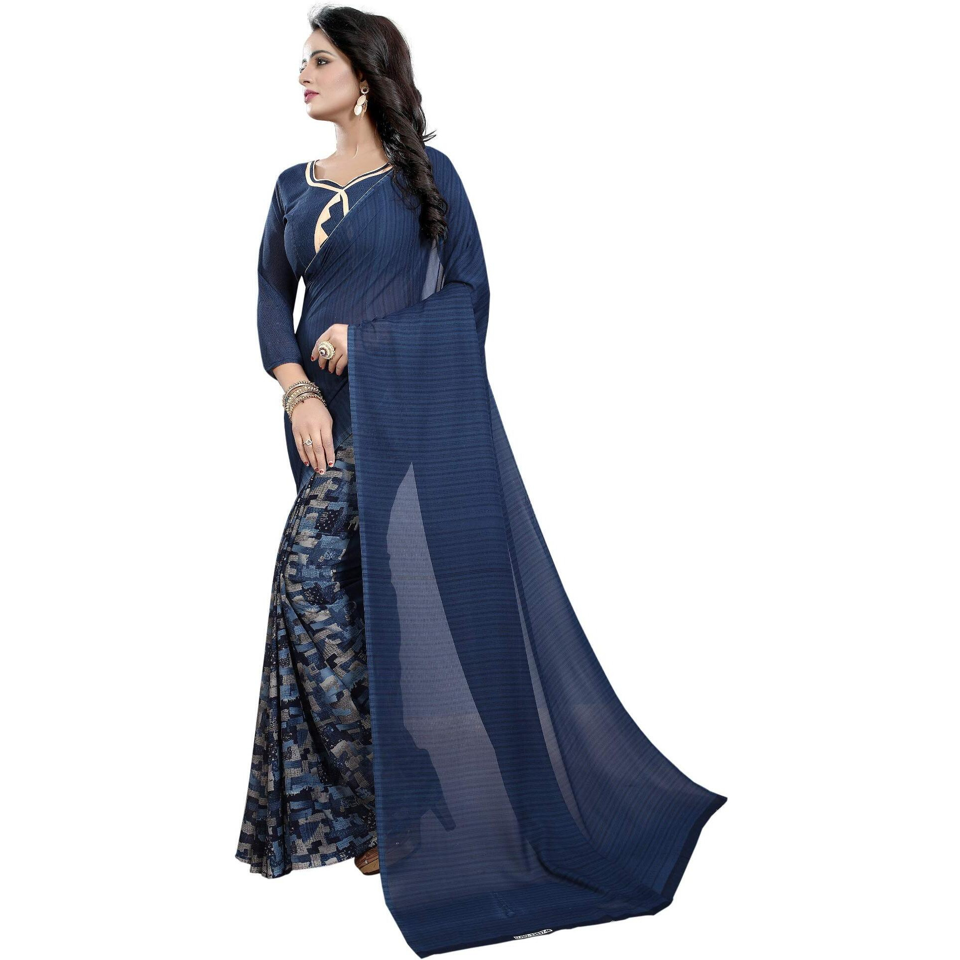 Yashika Womens Georgette Saree With Blouse Piece (Sdpl-Half_Blue_Fs_Ink)