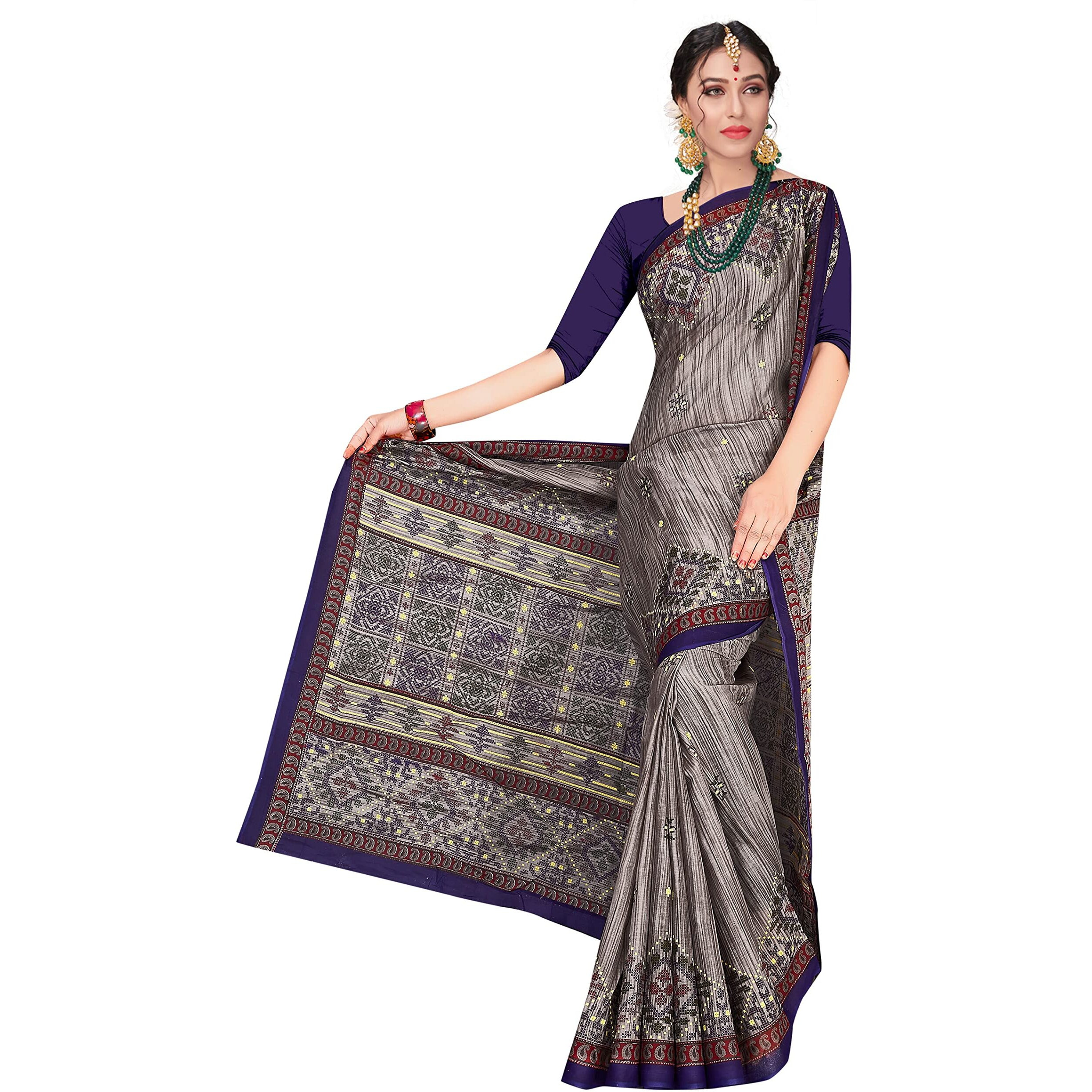 TAMAIRA FASHION Womens Plain Weave Pure Cotton Saree Without Blouse Piece(1456_GreyandBlue)