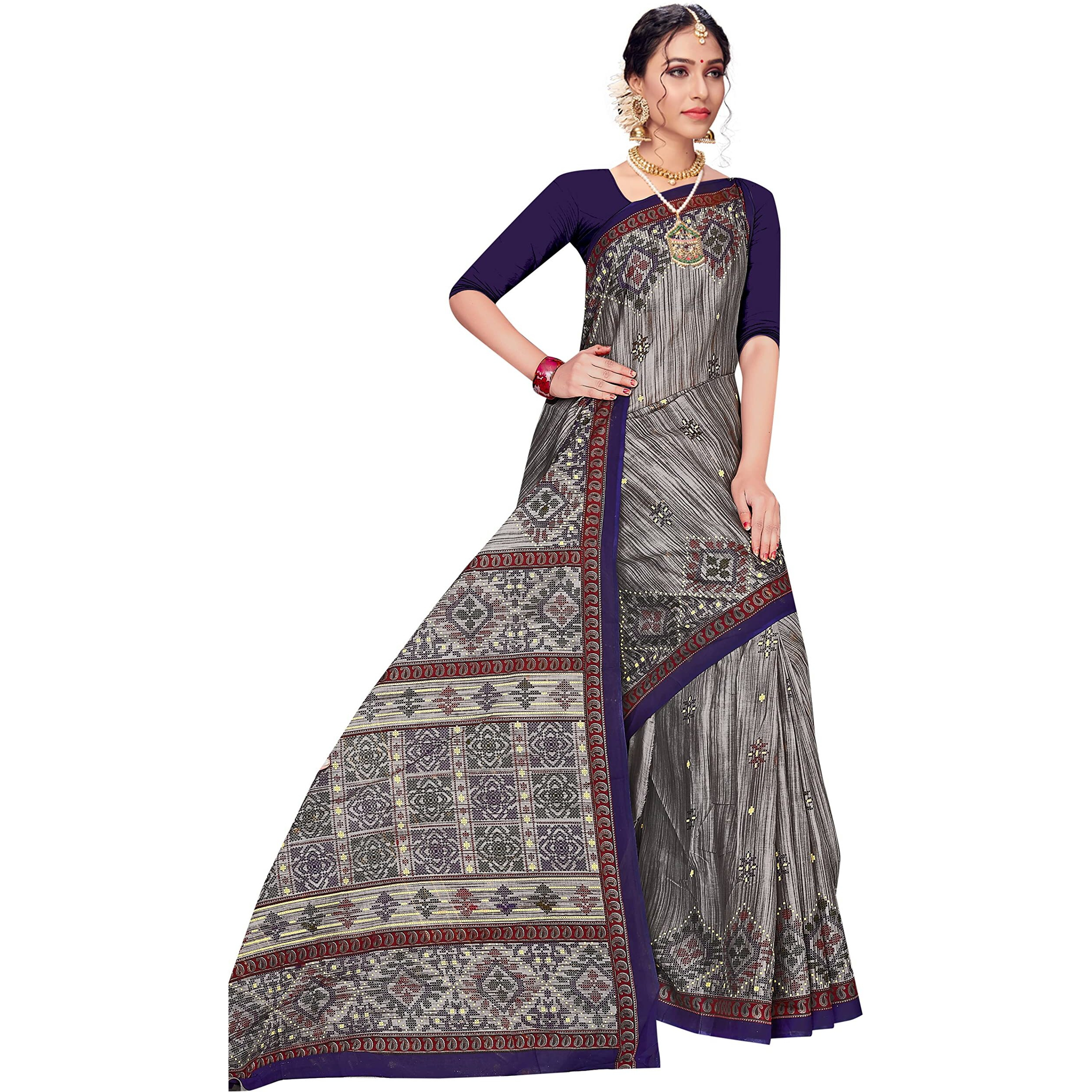 TAMAIRA FASHION Womens Plain Weave Pure Cotton Saree Without Blouse Piece(1456_GreyandBlue)