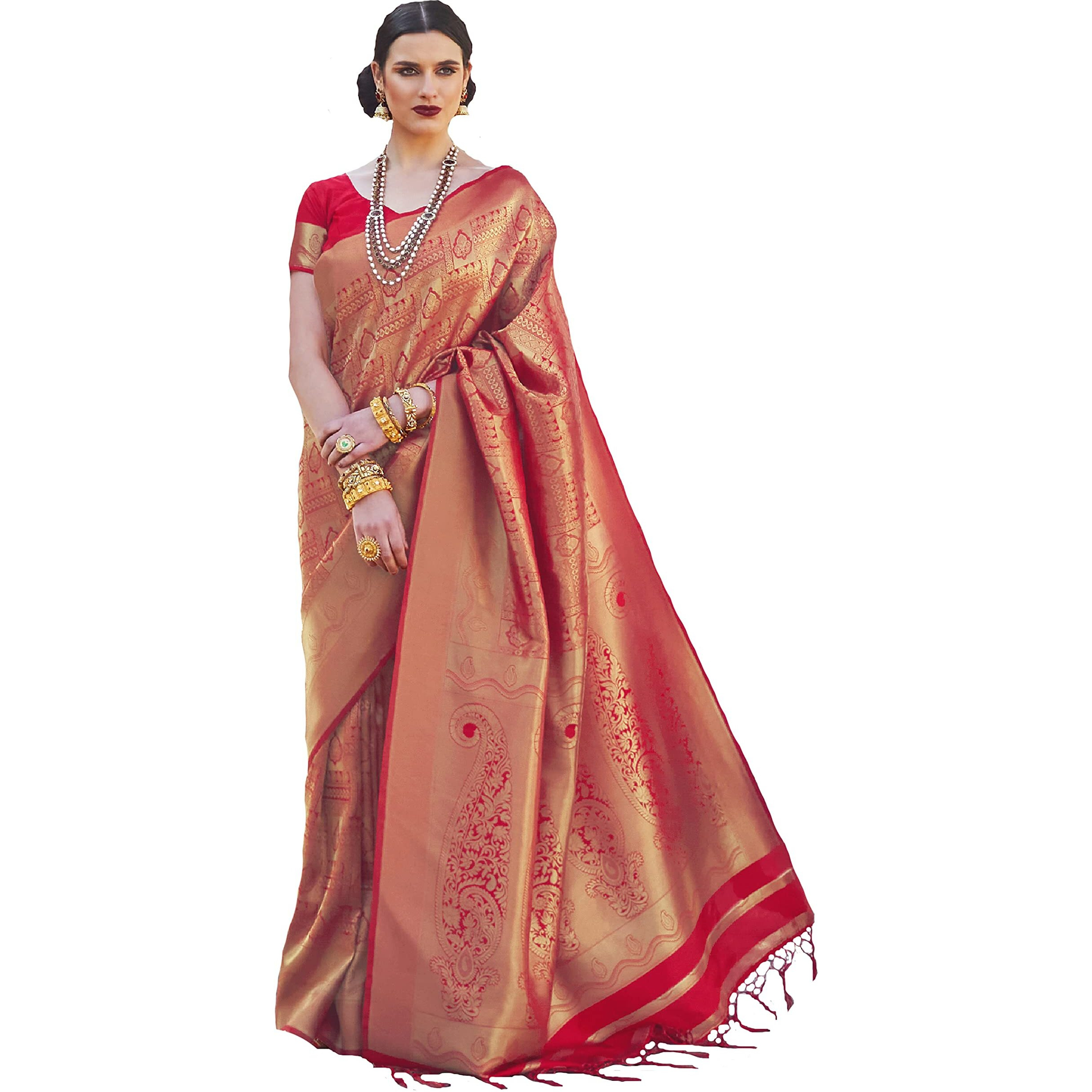 Pujia Mills womens kanjivaram pure banarasi silk saree kanchipuram saree (Red)