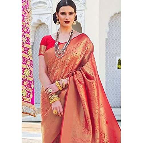 Pujia Mills womens kanjivaram pure banarasi silk saree kanchipuram saree (Red)