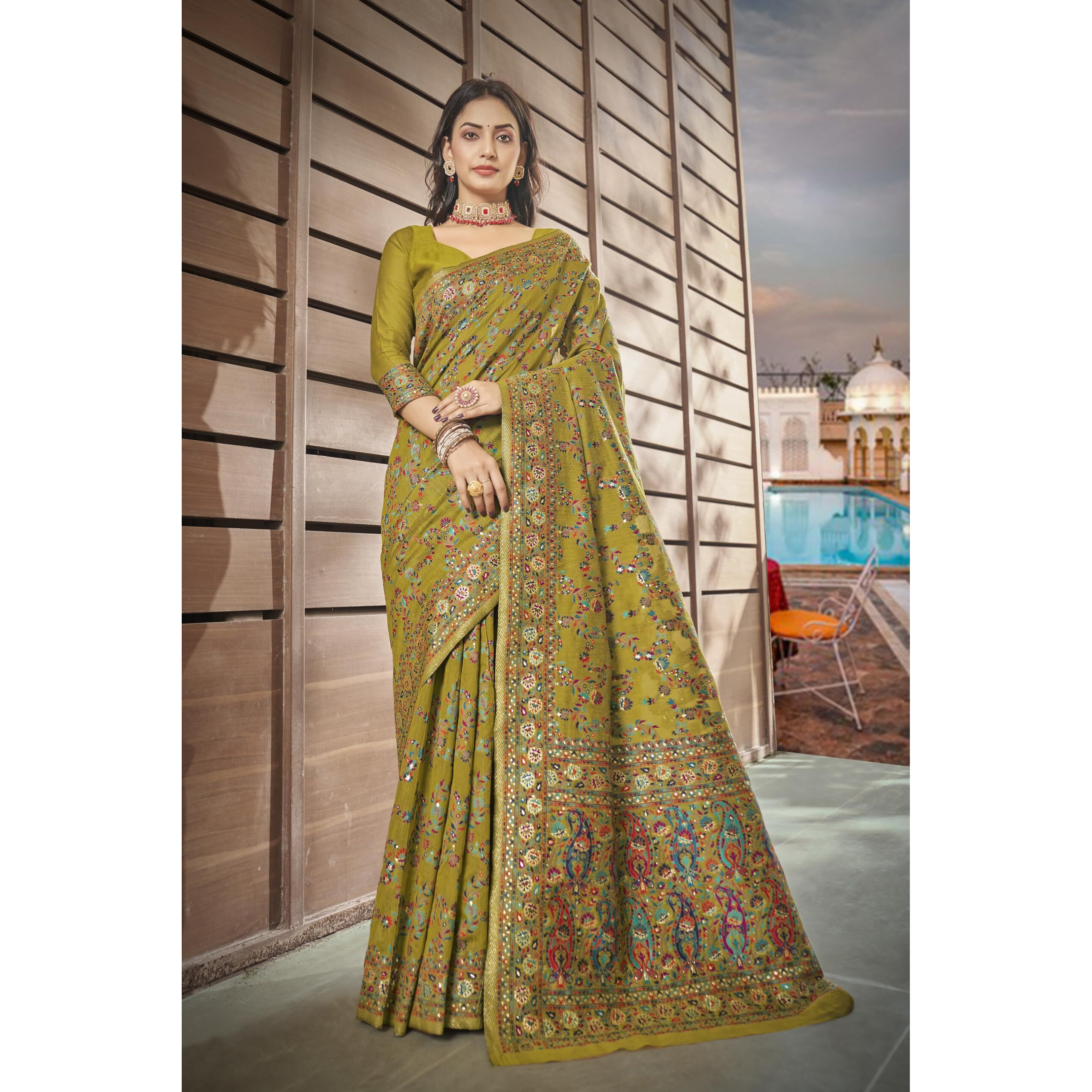 Glory Sarees Womens Kashmiri Pashmina Silk Woven Saree With Blouse Piece (Heritage_Silk108_Yellow)