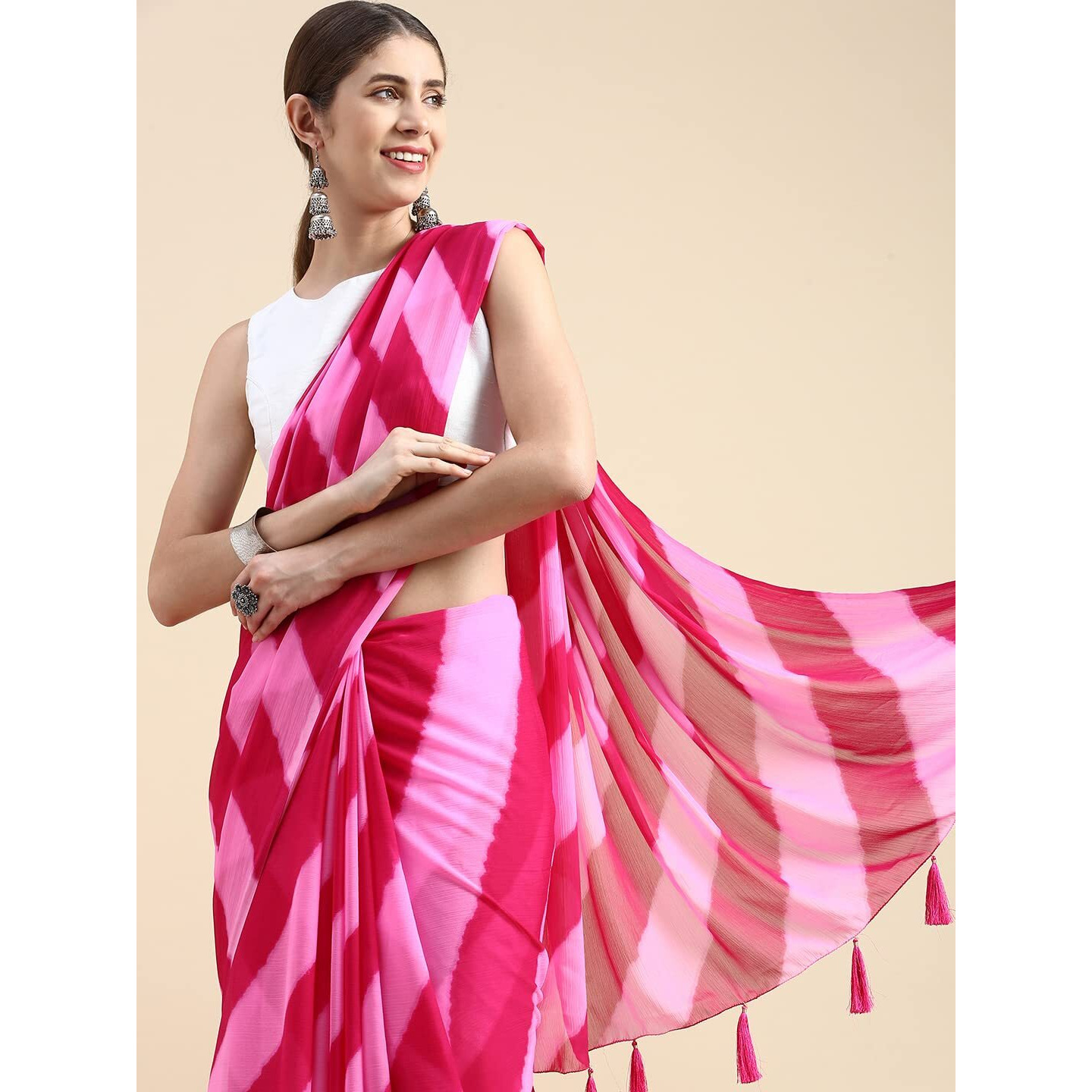 RANI SAAHIBA Womens Chiffon Lehriya Printed Saree Without Blouse (SSKR9102_Pink)