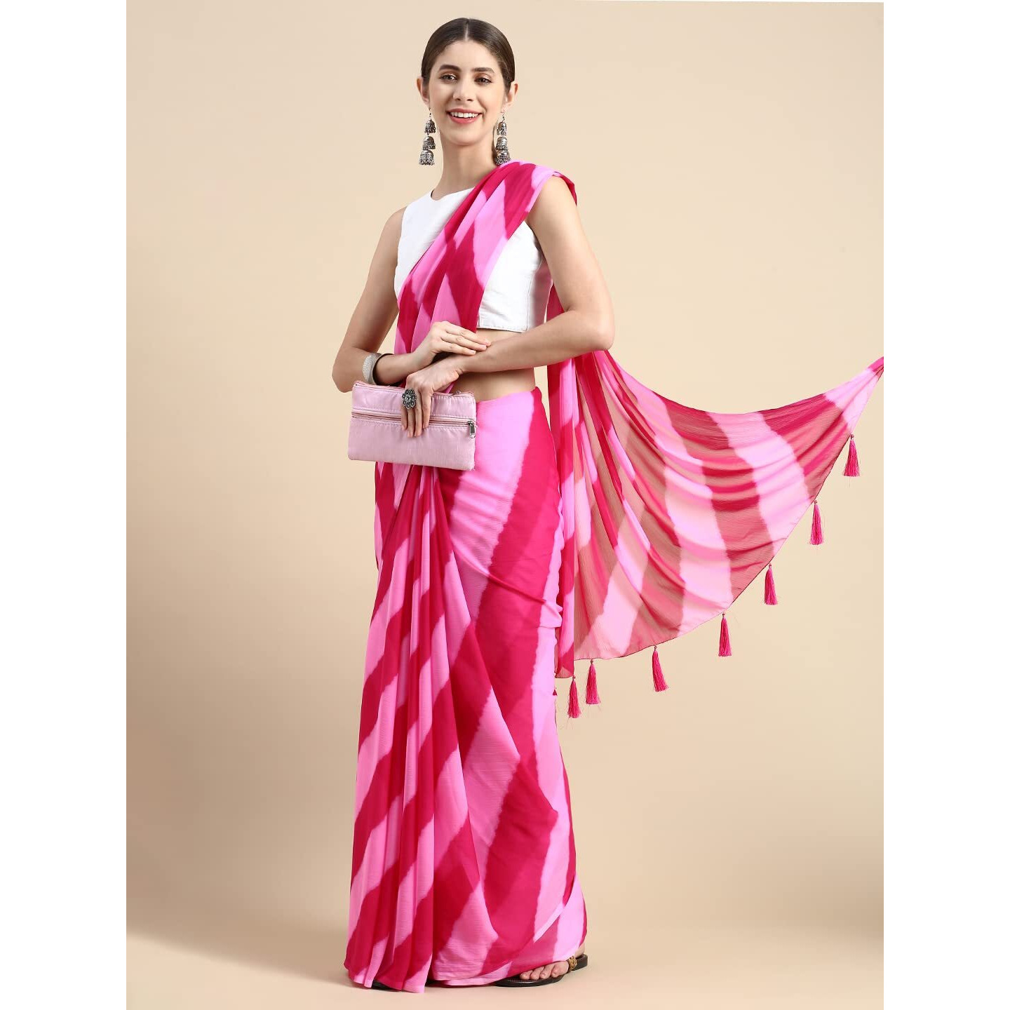 RANI SAAHIBA Womens Chiffon Lehriya Printed Saree Without Blouse (SSKR9102_Pink)