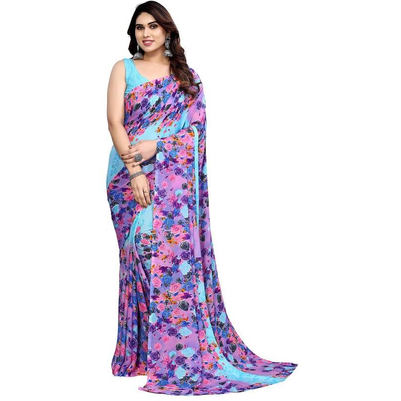 Satrani Womens Pure Georgette Saree (3199S2285NA_Sky Blue & Purple)