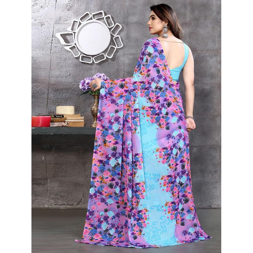 Satrani Womens Pure Georgette Saree (3199S2285NA_Sky Blue & Purple)