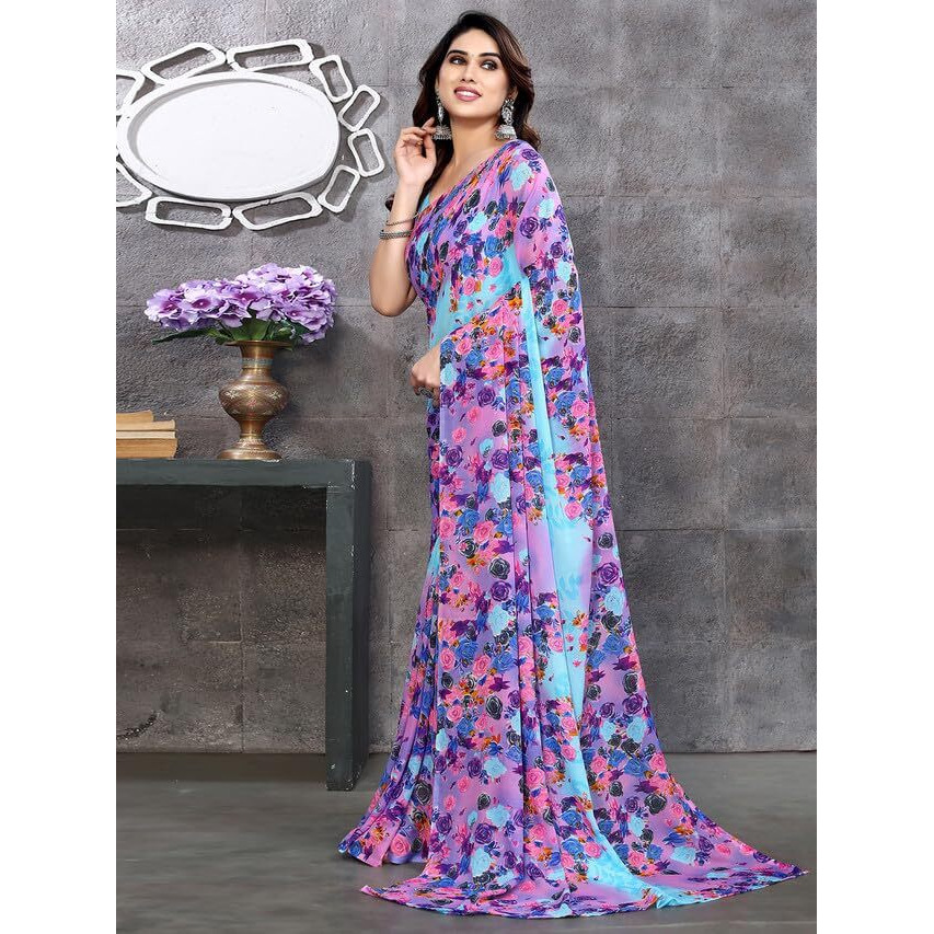 Satrani Womens Pure Georgette Saree (3199S2285NA_Sky Blue & Purple)