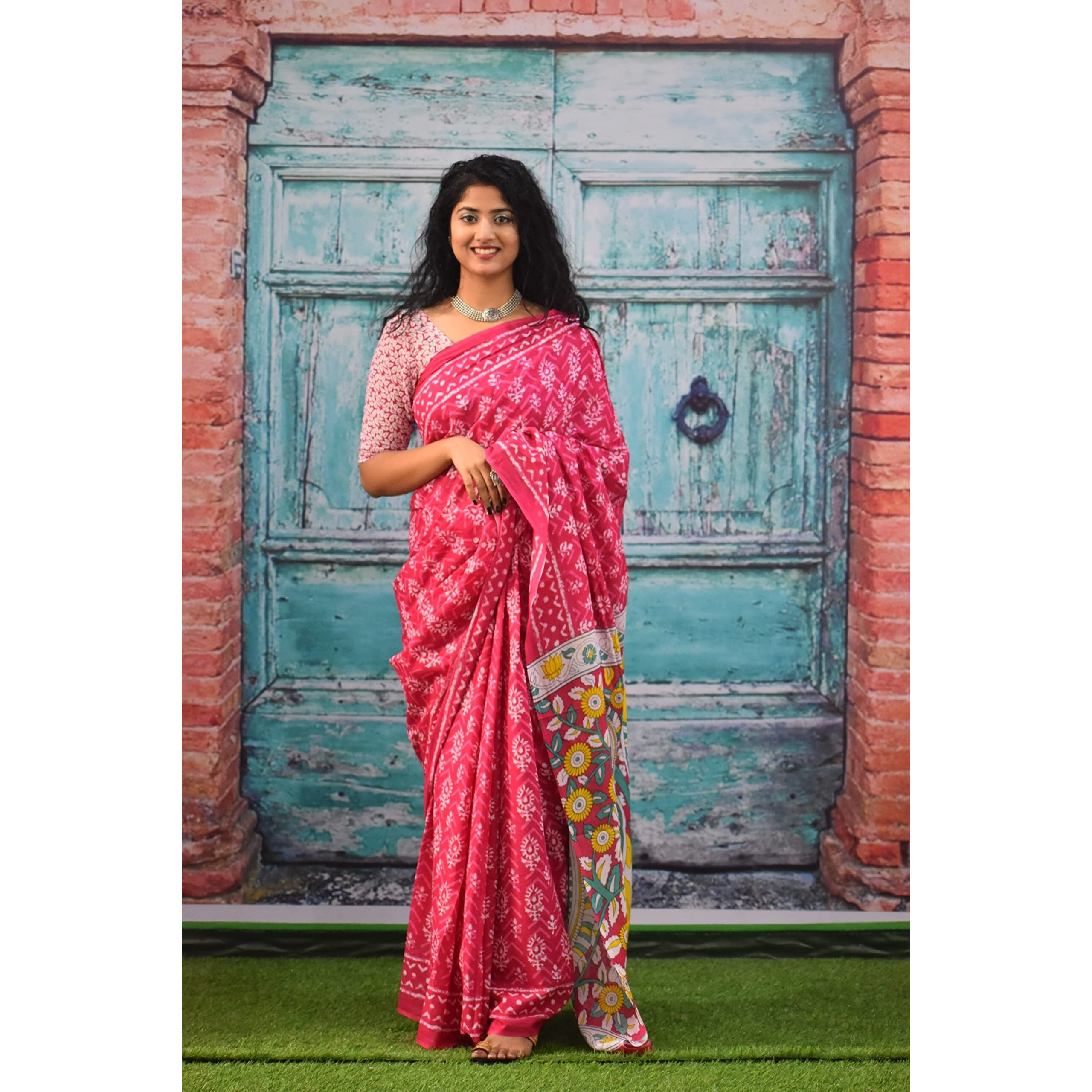 JALTHER Handicrafts Womens Ikat Hand Block Print Jaipuri Cotton Mulmul Saree with Blouse Piece -Pink_Sup594