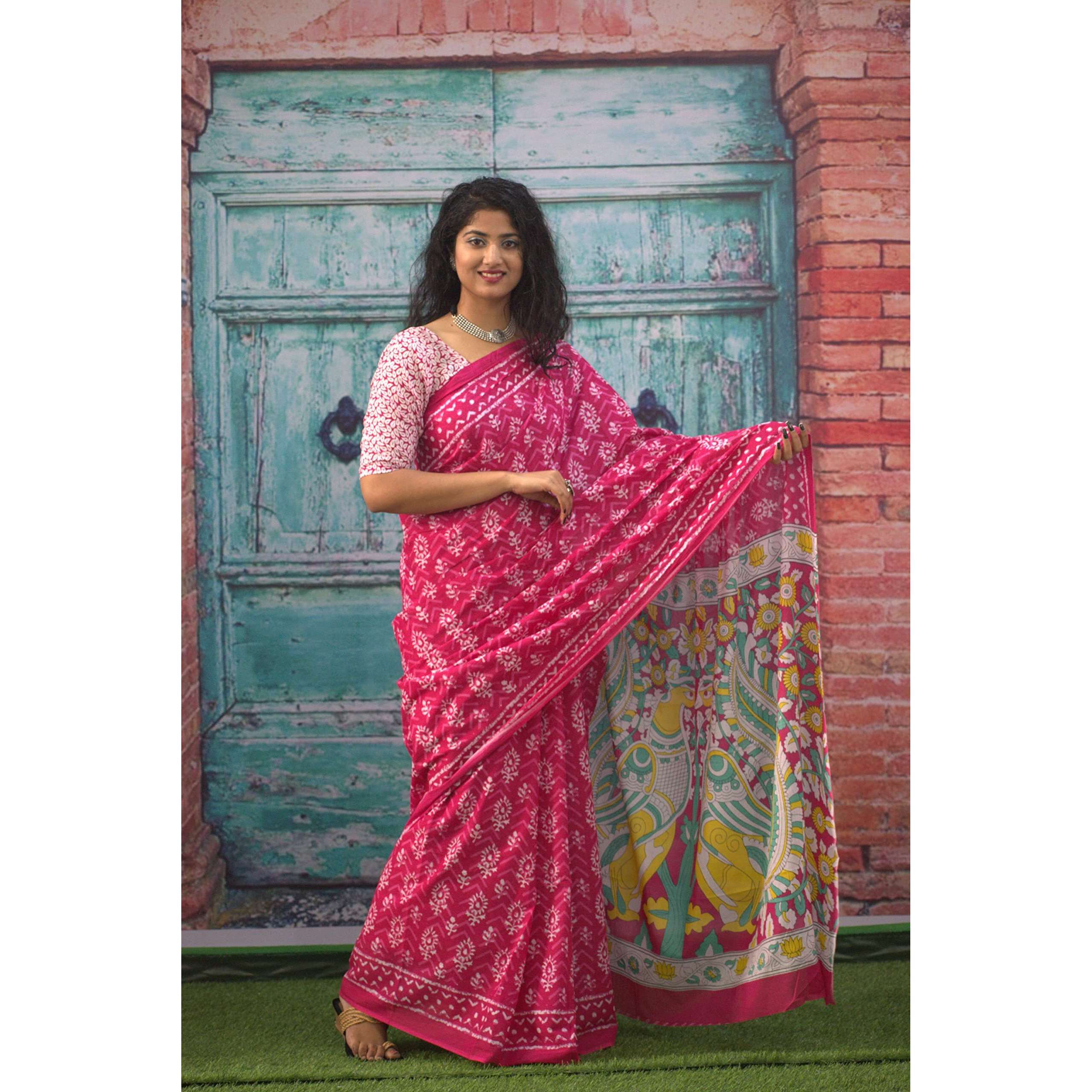 JALTHER Handicrafts Womens Ikat Hand Block Print Jaipuri Cotton Mulmul Saree with Blouse Piece -Pink_Sup594