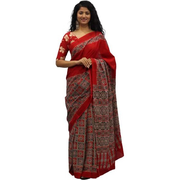 JALTHER Handicrafts Womens Ikat Hand Block Print Jaipuri Cotton Mulmul Saree with Blouse Piece -Red_Shiv596