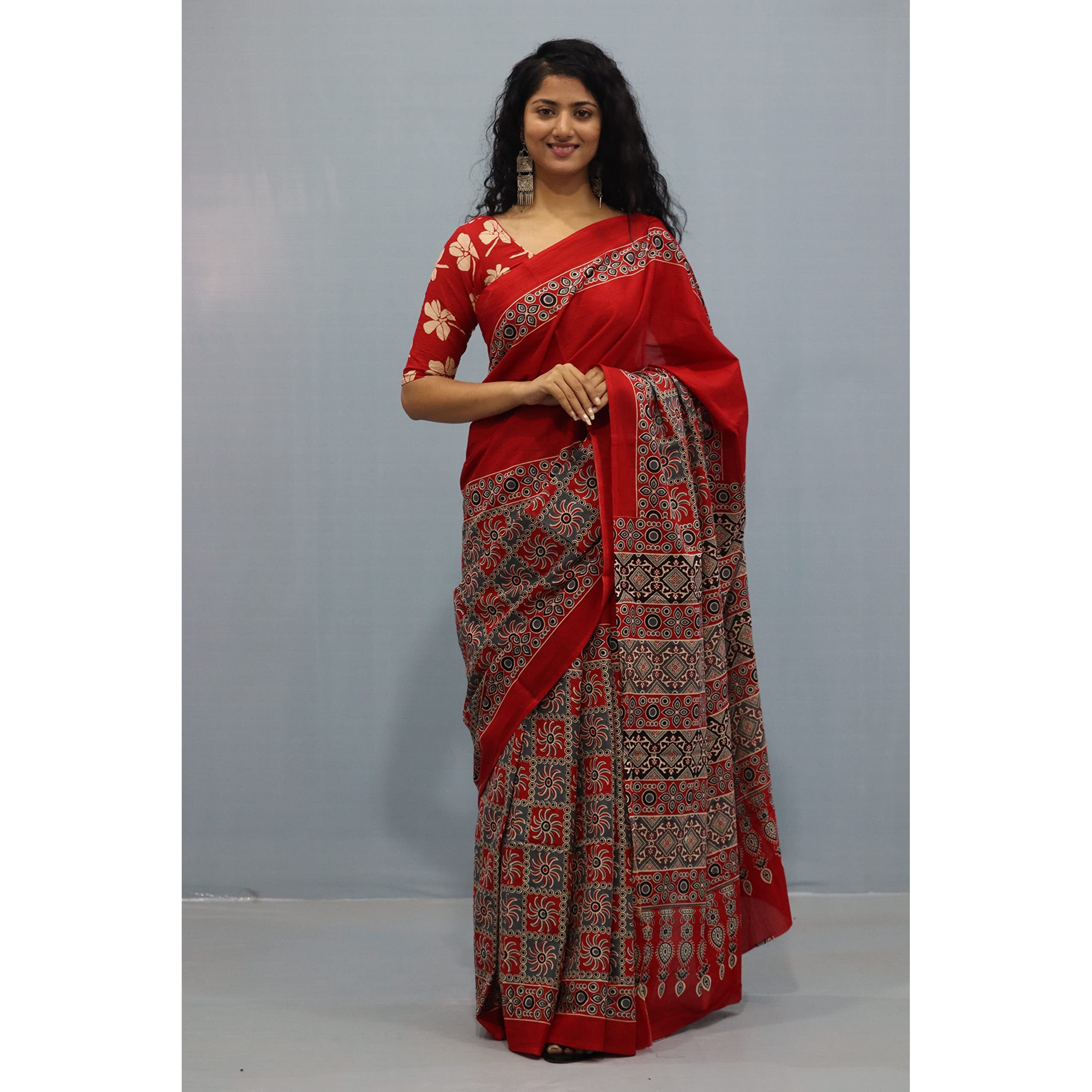 JALTHER Handicrafts Womens Ikat Hand Block Print Jaipuri Cotton Mulmul Saree with Blouse Piece -Red_Shiv596
