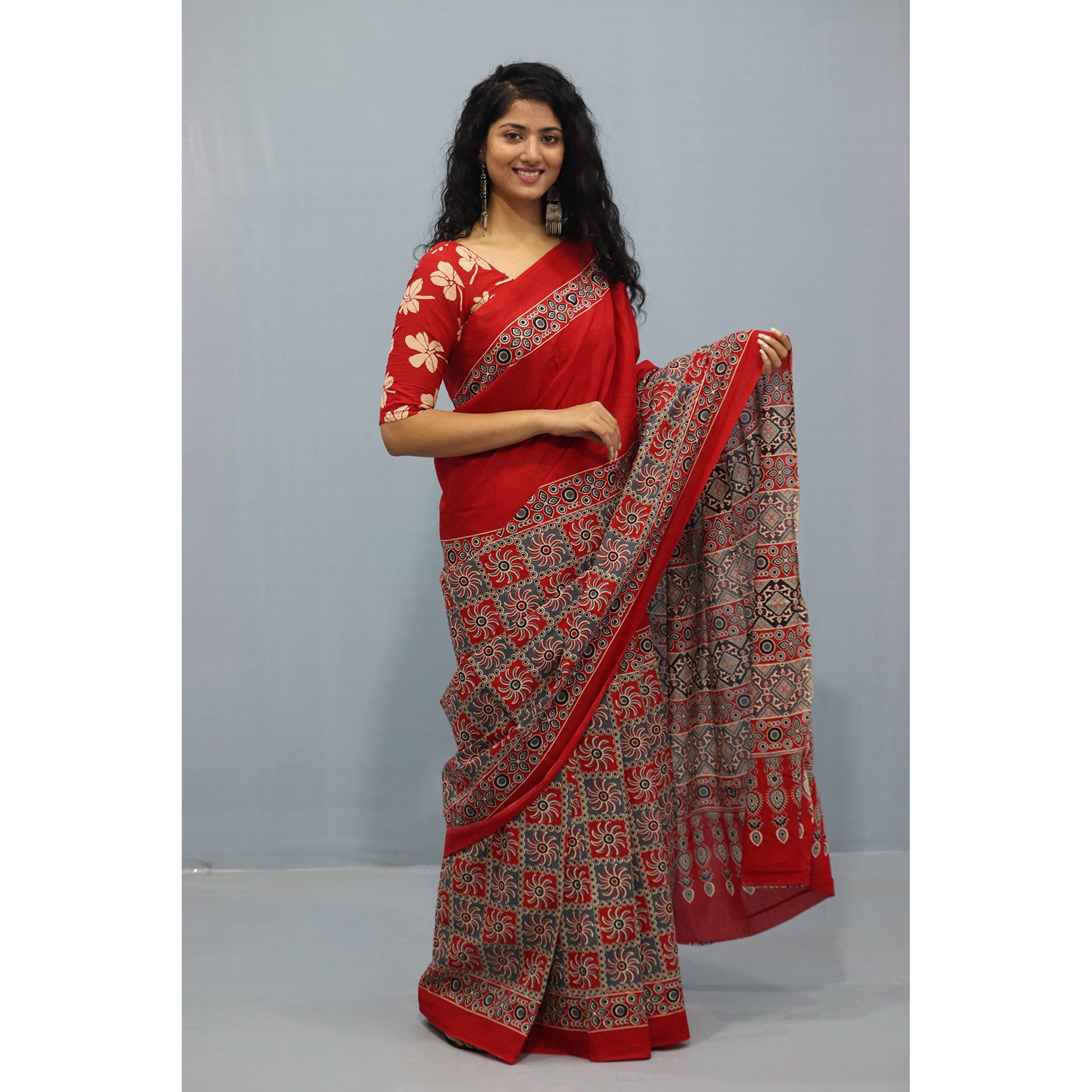 JALTHER Handicrafts Womens Ikat Hand Block Print Jaipuri Cotton Mulmul Saree with Blouse Piece -Red_Shiv596