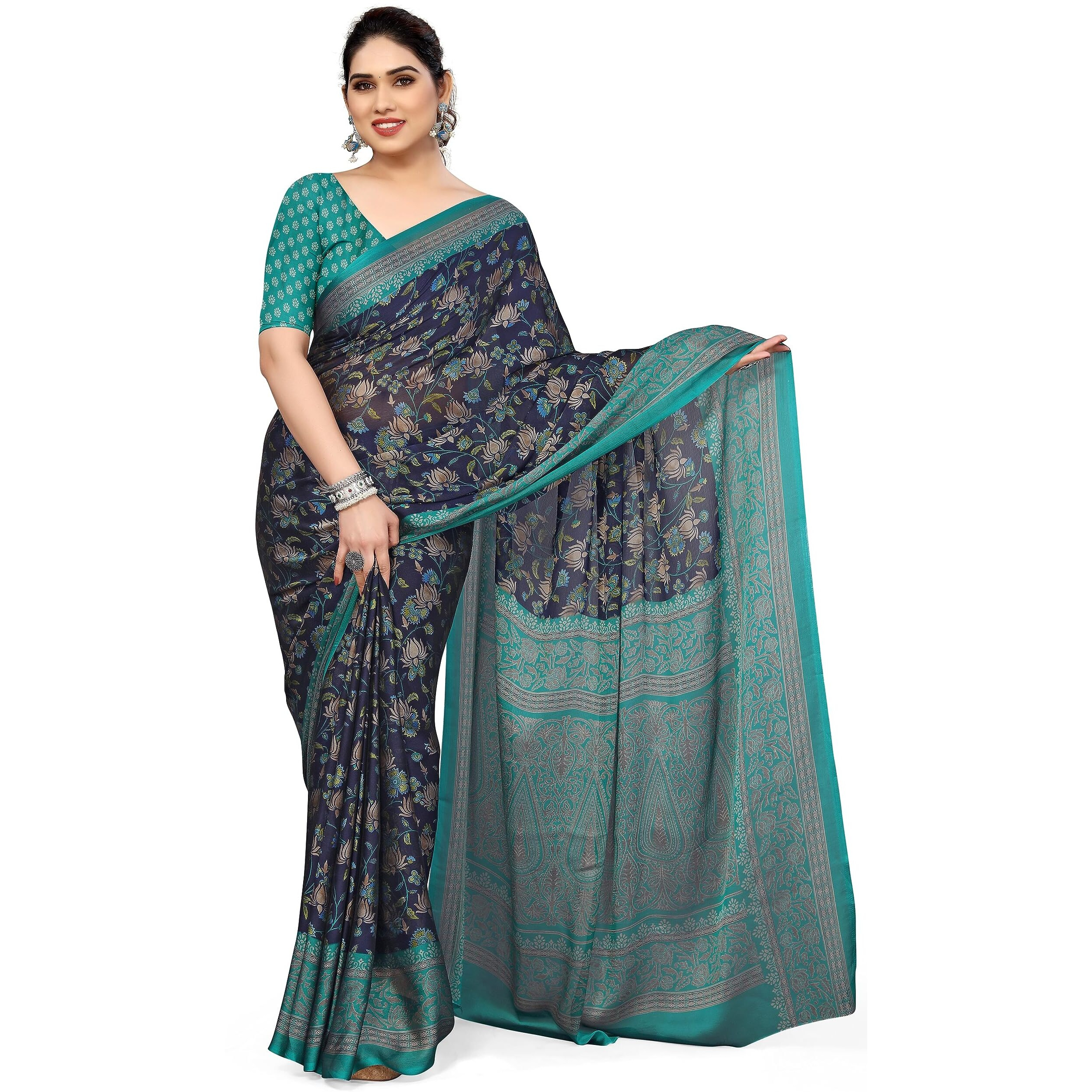 MIRCHI FASHION Womens Plain Weave Chiffon Floral Printed Saree with Blouse Piece (39192A-Navy Blue, Beige)