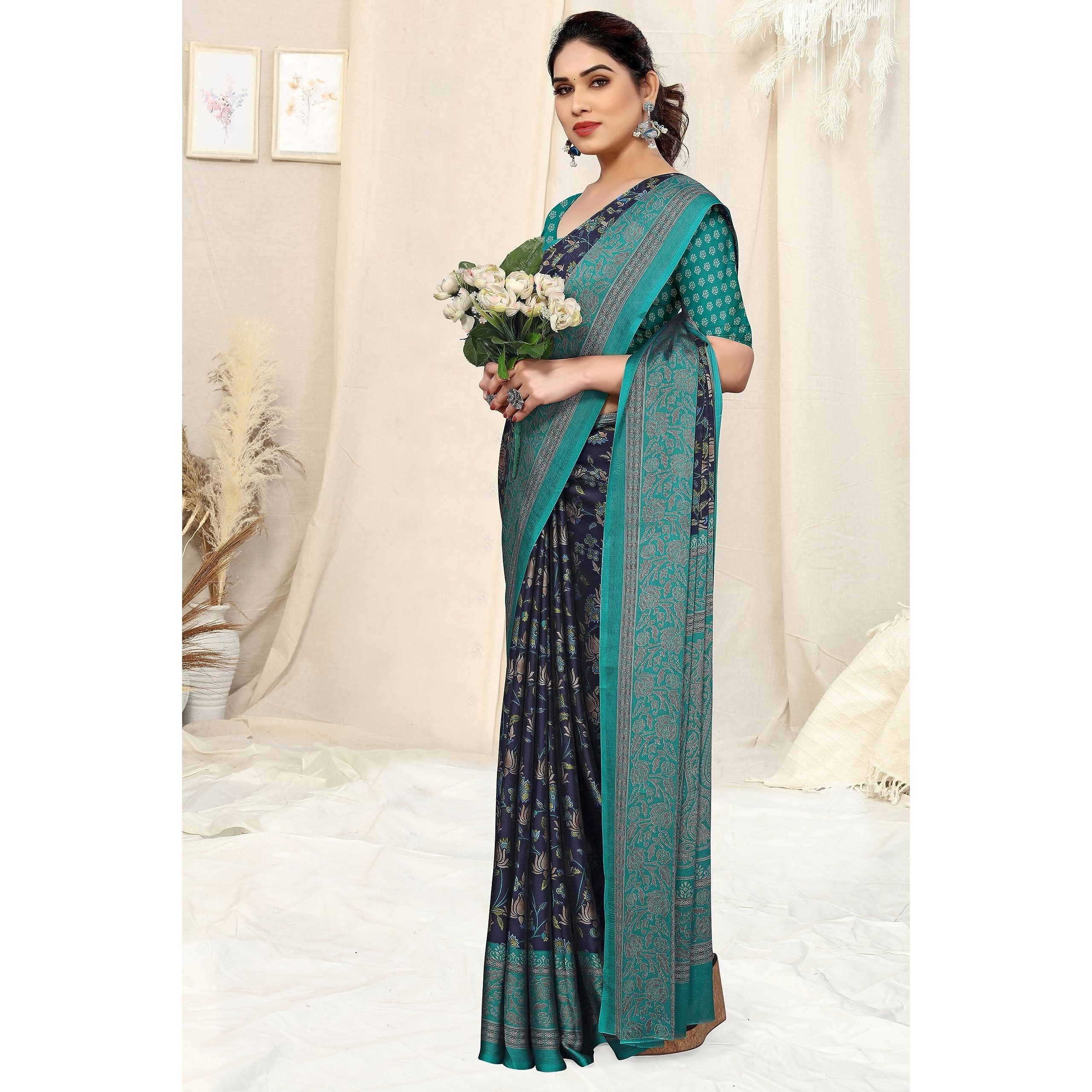 MIRCHI FASHION Womens Plain Weave Chiffon Floral Printed Saree with Blouse Piece (39192A-Navy Blue, Beige)