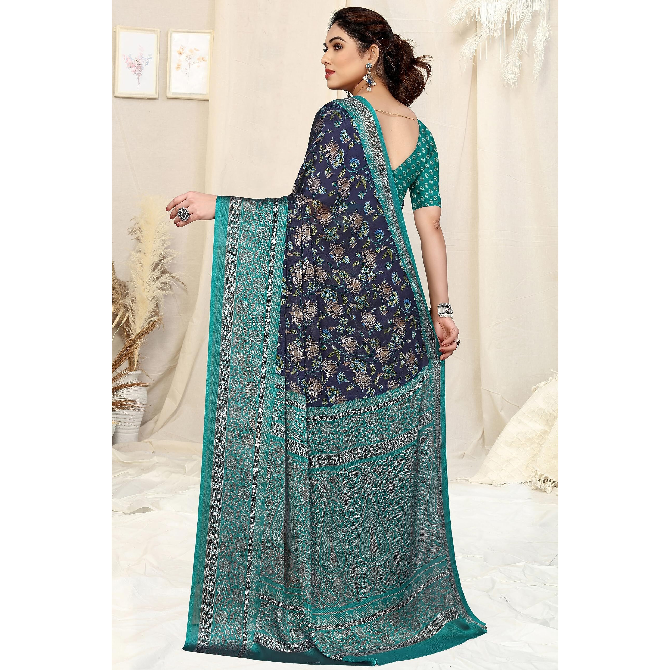 MIRCHI FASHION Womens Plain Weave Chiffon Floral Printed Saree with Blouse Piece (39192A-Navy Blue, Beige)