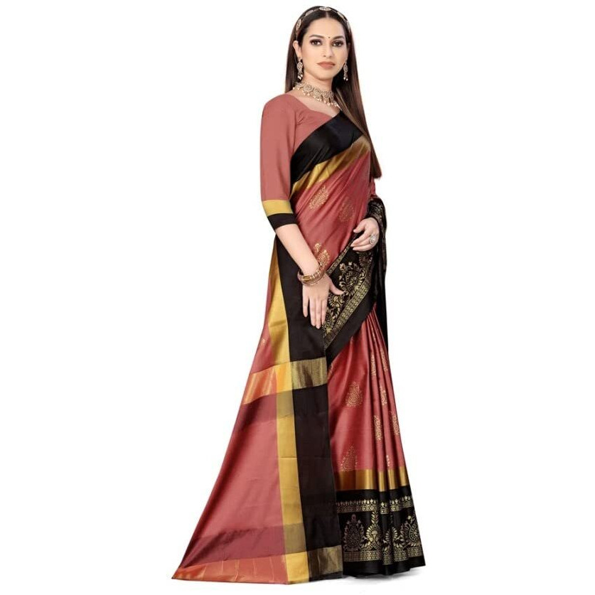 GRECIILOOKS Womens Ready Pleated Cotton Silk Regular Fit SAREE (Dusty)