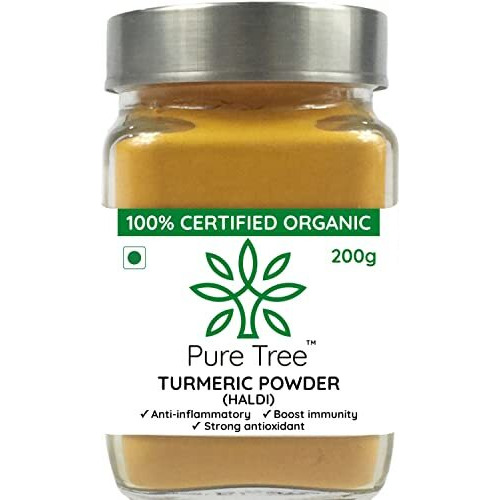 Pure Tree Certified Organic Haldi Powder | 200 g | Glass Jar | Turmeric Powder | Organic Spice Masala Powder | Turmeric Raw | Strong Antioxidant | Turmeric Powder for Milk